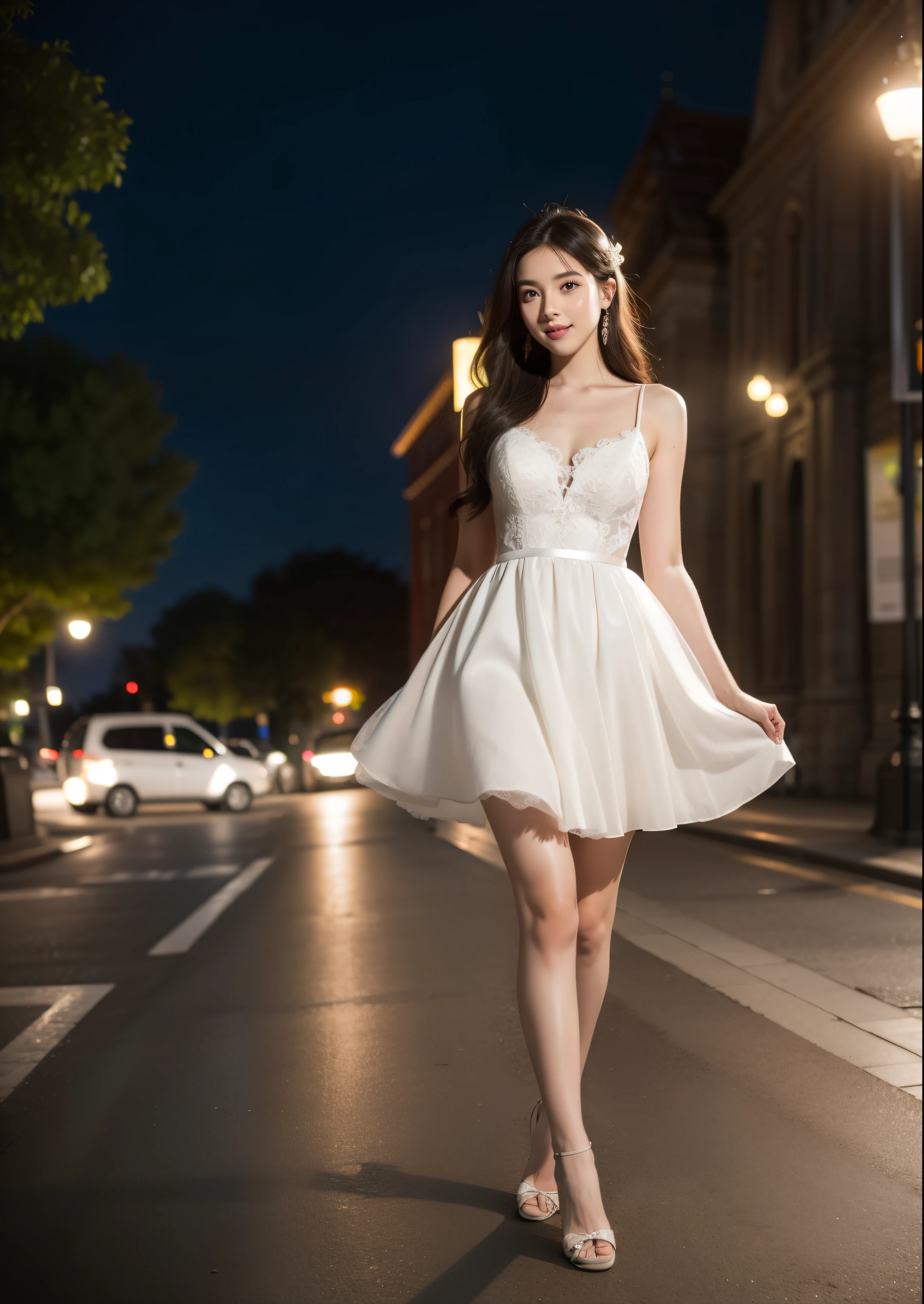 Beautiful 25 year old woman。She is wearing a summer wedding dress. She is walking and her legs crossed and one leg is visible. She is shying and smiling on illuminated by the evening church lights . her black hair. High resolution、masterpiece、highest quality、頭w:1.0、((Hasselblad Photos))、fine skin、(movie lighting)、clavicle . full body picture.