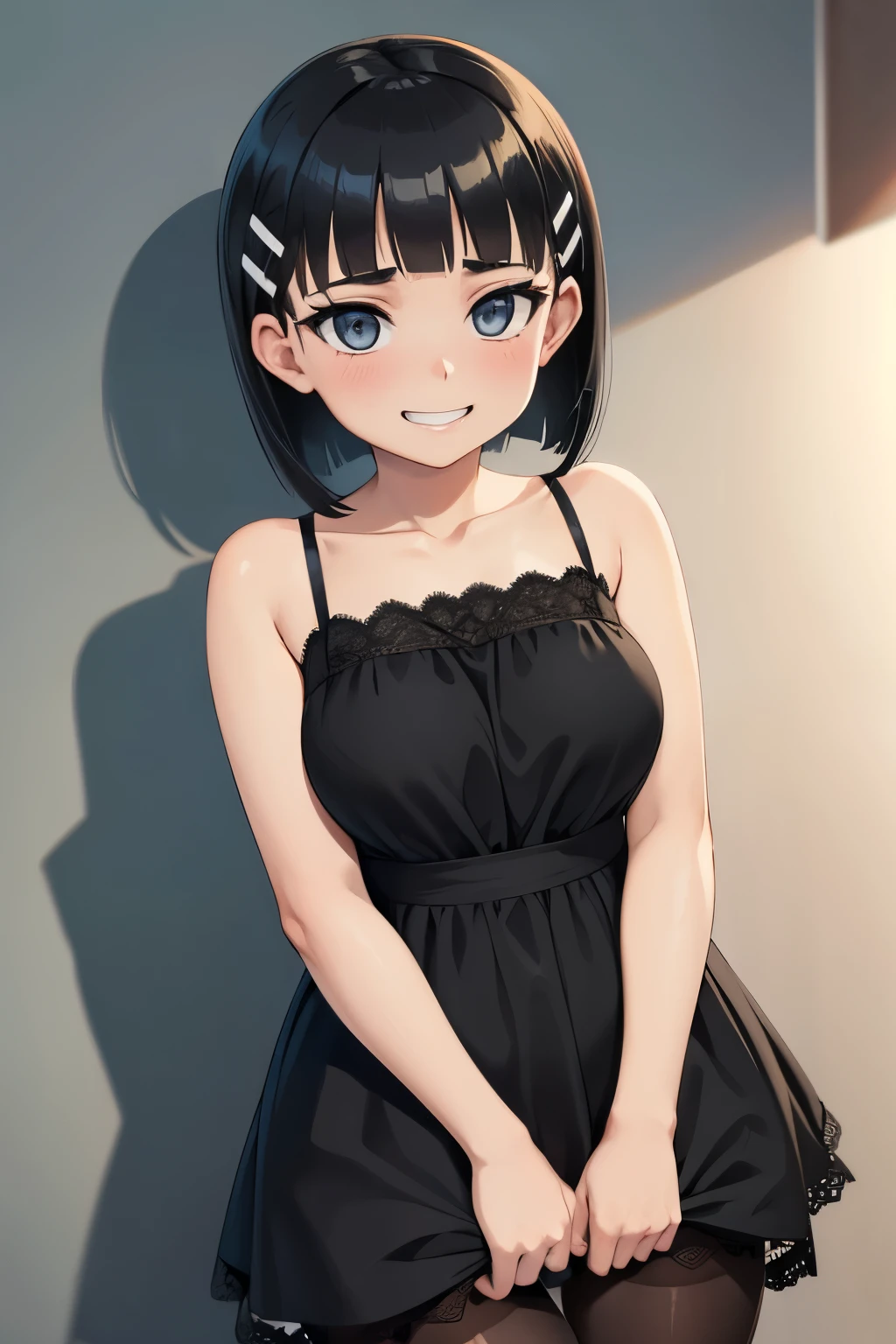 1 hot girl, dark hair, dark grey eyes, grin, gorgeous, kirigaya suguha, short hair, hairclip, lace black sundress, young girl, black pantyhose