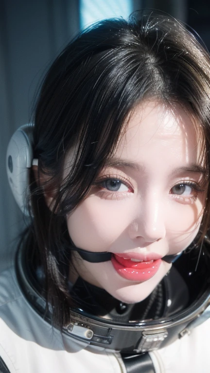 (best quality,4k,8k,highres,masterpiece:1.2), ultra-detailed, (realistic,photorealistic,photo-realistic:1.37), (beautiful detailed eyes, beautiful detailed lips, extremely detailed eyes and face, long eyelashes), studio lighting,physically-based rendering,vivid colors, (big , super big , super extra big , ass:0.8), (portrait, smile and laugh:1.37), (space punk, space suits, metallic materials, sharp and futuristic designs, geometric patterns, transitions, three-dimensional elements, LED lights, hardware decorations, glow-in-the-dark elements, futuristic helmets, transparent visors, LED lights, heads-up displays, patches and emblems representing aerospace organizations and space exploration missions, advanced functionality, breathability, temperature control, water resistance, survival in space environments Characteristics:1.2), (space ship, cockpit:1.37), ballgag