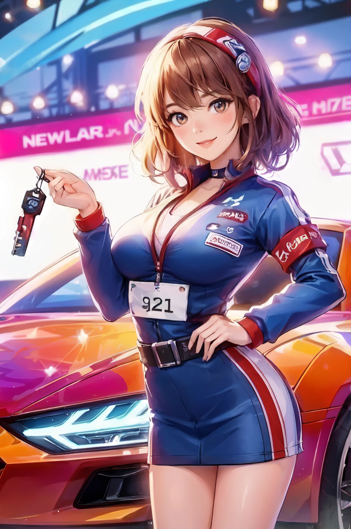 1lady solo standing, event staff (costume inspired by racer uniform), mature female, /(reddish-brown hair/) bangs, blush kind smile, (masterpiece best quality:1.2) delicate illustration ultra-detailed, large breasts BREAK (standing next to the latest model car), (holding key) BREAK (motor show indoors), audience, detailed background