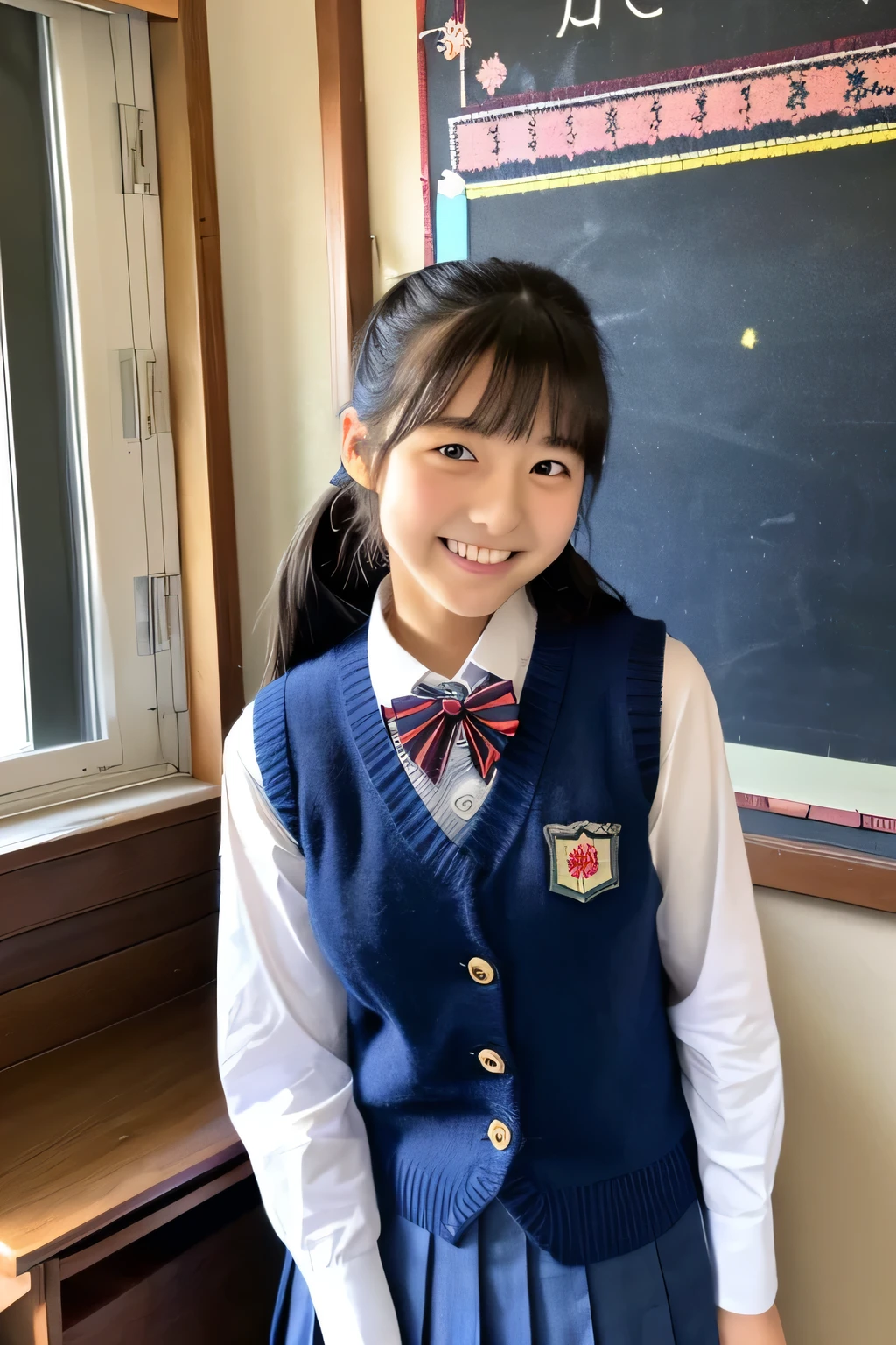 ((masterpiece)), japanese, (a girl), (18 years old), (((school uniform))), smiling, her room, dark blue knit vest,