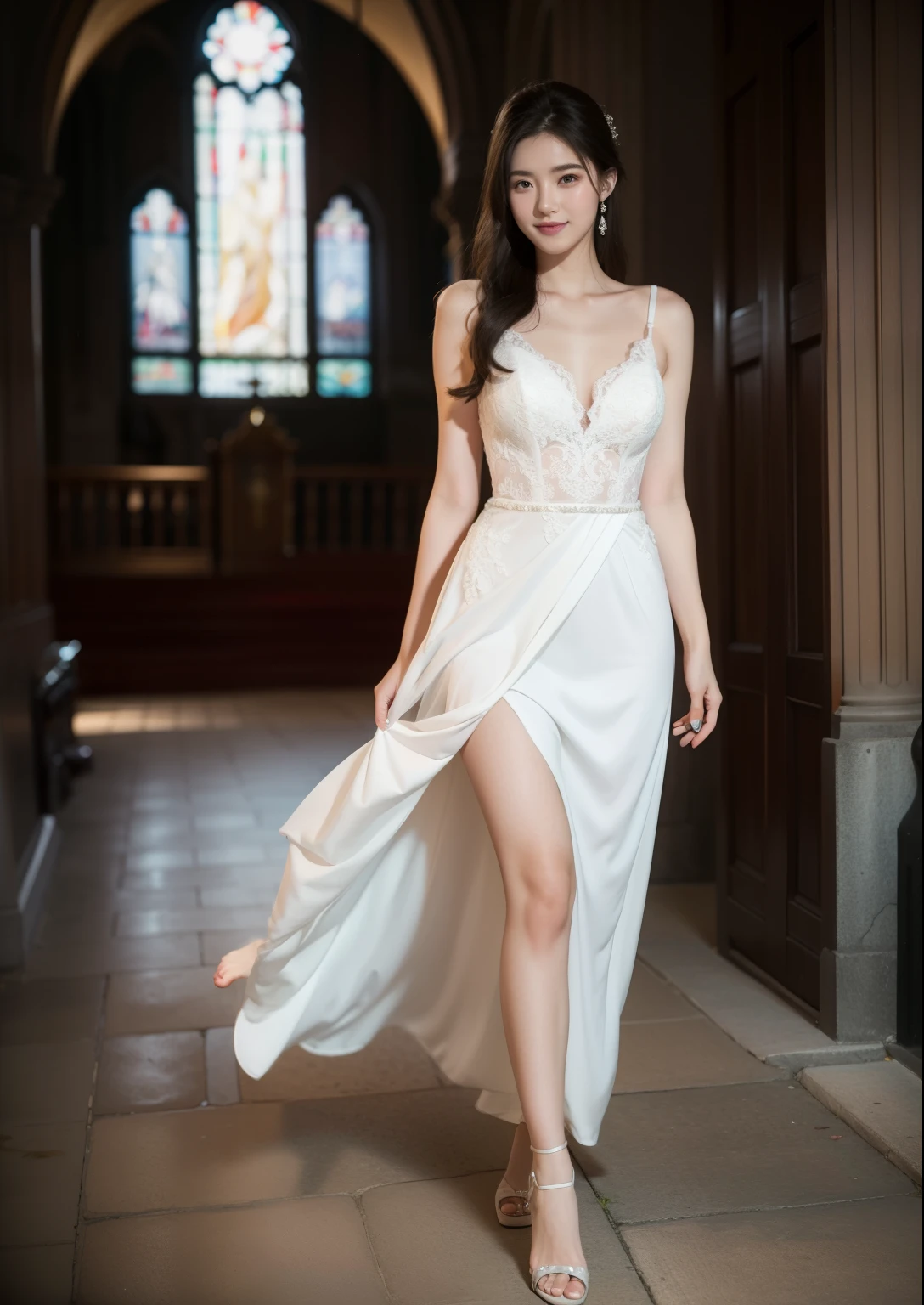 Beautiful 25 year old woman。She is wearing a summer wedding dress. She is walking and her legs crossed and one leg is visible. She is shying and smiling on illuminated by the evening church lights . her black hair. High resolution、masterpiece、highest quality、頭w:1.0、((Hasselblad Photos))、fine skin、(movie lighting)、clavicle . full body picture.