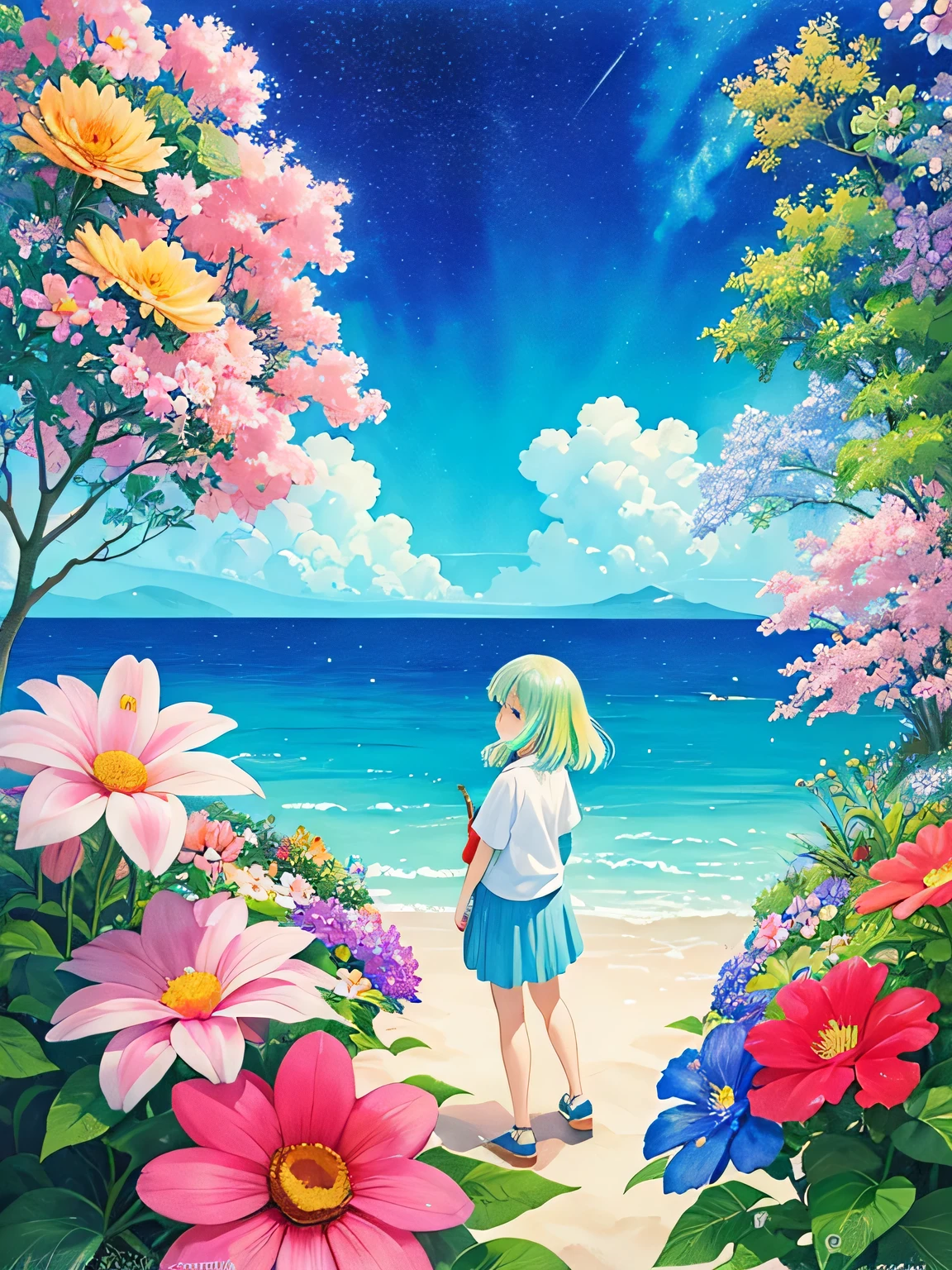 Hayao Miyazaki style、8K Quality、Intense watercolor, Detailed watercolor art, Watercolor splash, Surreal, avant-garde pop art, Beautiful and expressive paintings, Beautiful artwork illustration, Very colorful tones, wonderful, Cool beauty, highest quality、Official Art, Vector art, Stylish design, ((The most beautiful girl of all time)), (((highest quality))), HDR, ((detailed)), (((Doodle Art)), ((masterpiece)), ((Super detailed)), (((Colorful flowers))), Midsummer Beach,