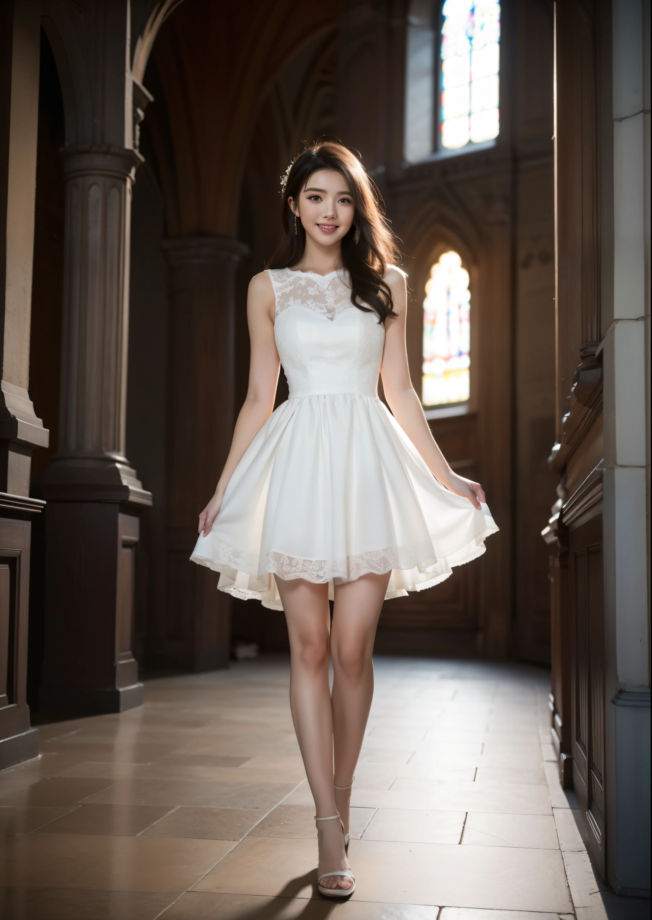 Beautiful 25 year old woman。She is wearing a summer wedding dress. She is walking and her legs crossed and one leg is visible. She is shying and smiling on illuminated by the evening church lights . her black hair. High resolution、masterpiece、highest quality、頭w:1.0、((Hasselblad Photos))、fine skin、(movie lighting)、clavicle . full body picture.