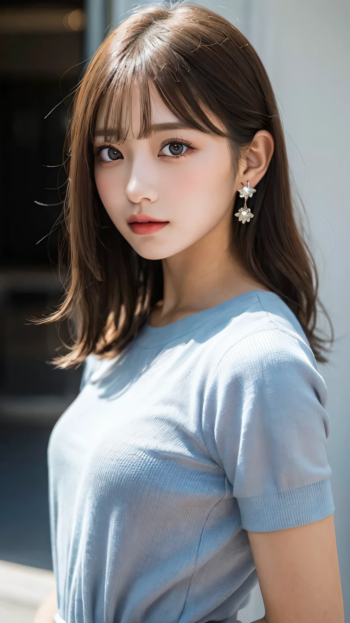 (highest quality, masterpiece), One girl, beautiful girl, Brown_eye, ((hair color [Silver hair], [Pixie cut with front hair] hair)), Earrings, lips, Short sleeve,Realistic, Tight waist, Charm, Colorful Makeup, Long eyelashes, Fair skin, (cute), (Detailed Face), Detailed Eye, Detailed iris, 
