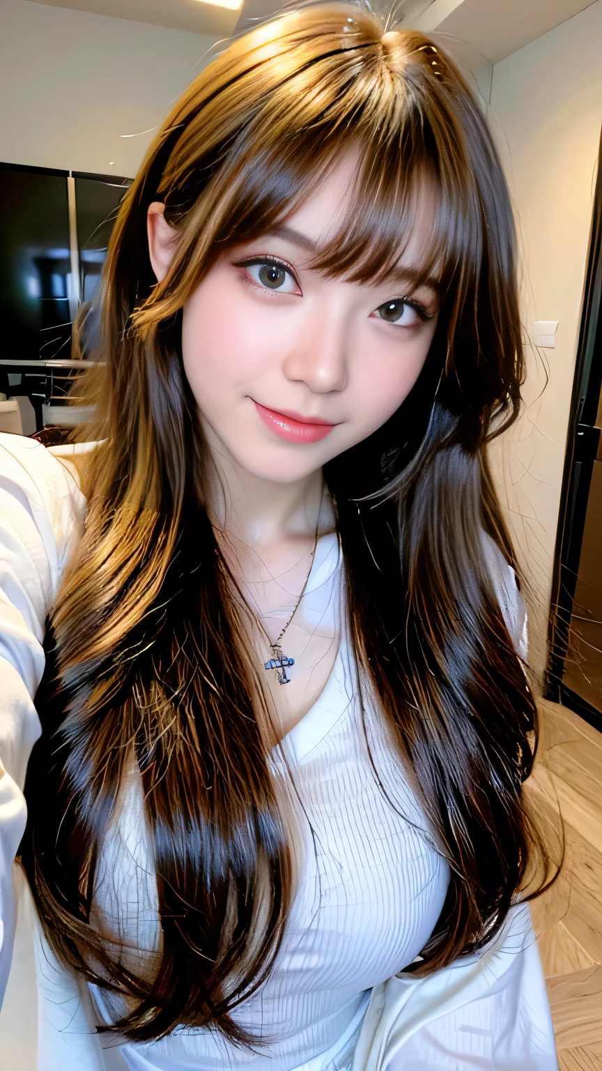 Full Body Angle、((highest quality, 8K, masterpiece: 1.3)), concentrated: 1.2, Cute girl 1,Nipples erect、 Perfect beauty: 1.4,Crisscross V-neck T-shirt, Casual summer short sleeve t-shirt: 1.2,Long sleeve、Randall Color、comics&Text Graphics、Black ruffle-trimmed drawstring zip blouse,1.1, Highly detailed face and skin textures, Fine grain, double eyelid, whitening skin, ,highest quality,Ultra-high resolution,you,1 girl,alone,_Shiny_skin,Iris,necklace,((Brown_length_Wavy_hair)),(lips)),eyelash,Front hair,deal with,compensate,Shiny,pore,skin texture,Large Breasts、smiling face、Front hair、