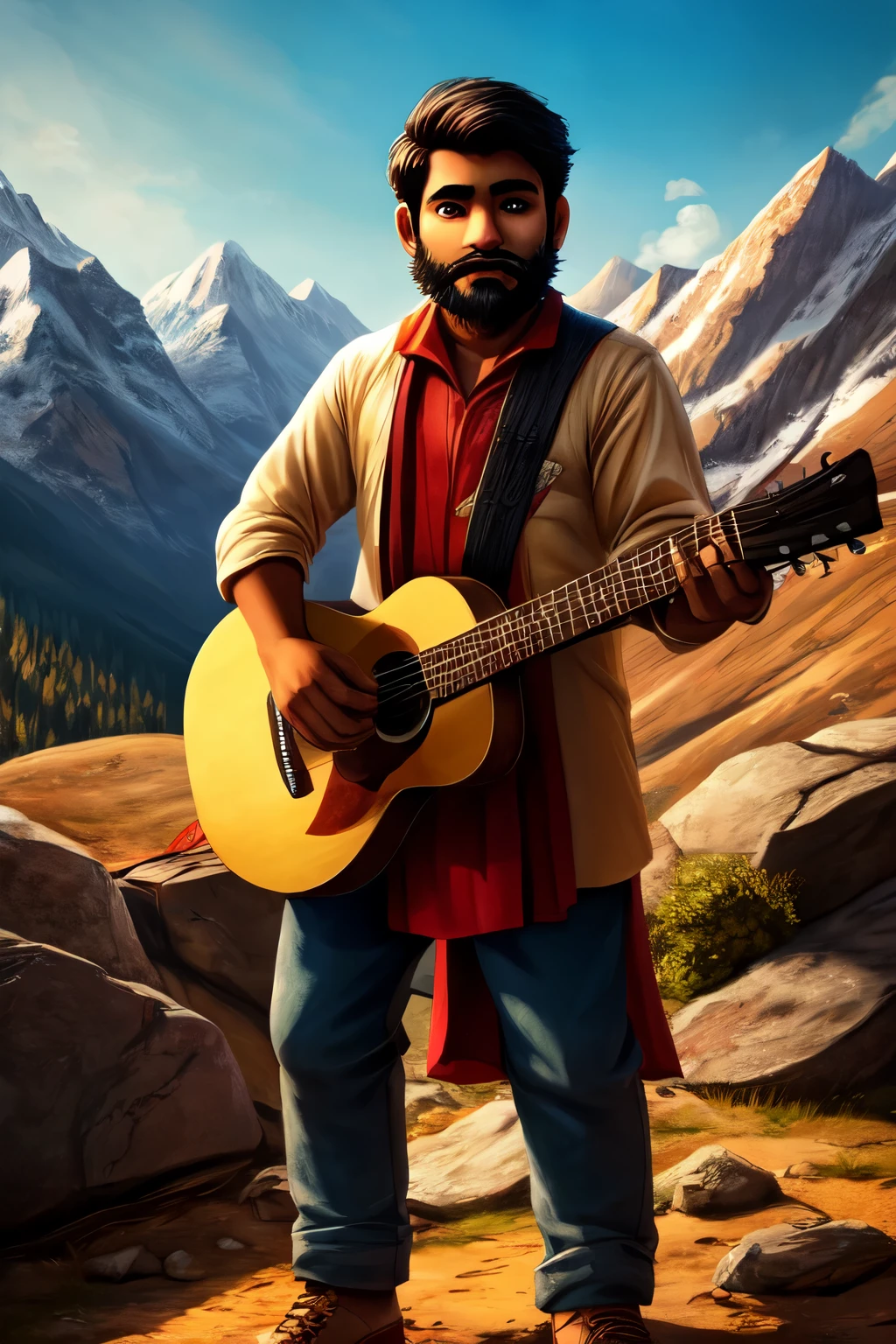 ((best quality)), ((masterpiece)), (detailed), perfect face
Young Indian boy with beard playing guitar in the mountains , cinematic wide angle photo