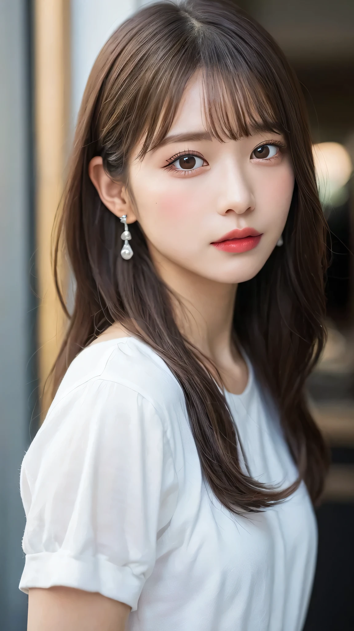 (RAW Photos:1.2),(Realistic:1.4),(masterpiece:1.3),(highest quality:1.4),超High resolution, High resolution,8K resolution, dream-like, Check the explanation,Clarification Request,scenery,((No text)), Focus Only, (Fine grain),(Detailed facial features), (Detailed clothing features), Fits perfectly to the skin,Lace Bra、String Panties、 (Shiny skin),(thin),(slim),(Beautiful Face), One girl, Virtual Girl Ren, young, bangs,Brown long hair、Earrings, Loose fitting shirt, smile, Shyly,cute, Look straight at the camera,