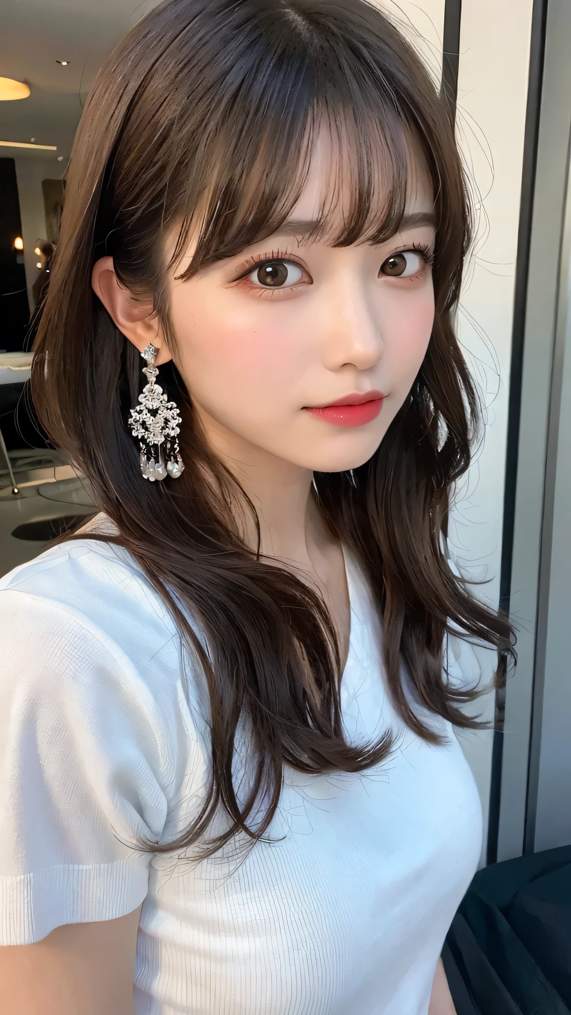(highest quality, masterpiece), One girl, beautiful girl, Brown_eye, ((hair color [Silver hair], [Pixie cut with front hair] hair)), Earrings, lips, Short sleeve,Realistic, Tight waist, Charm, Colorful Makeup, Long eyelashes, Fair skin, (cute), (Detailed Face), Detailed Eye, Detailed iris, 