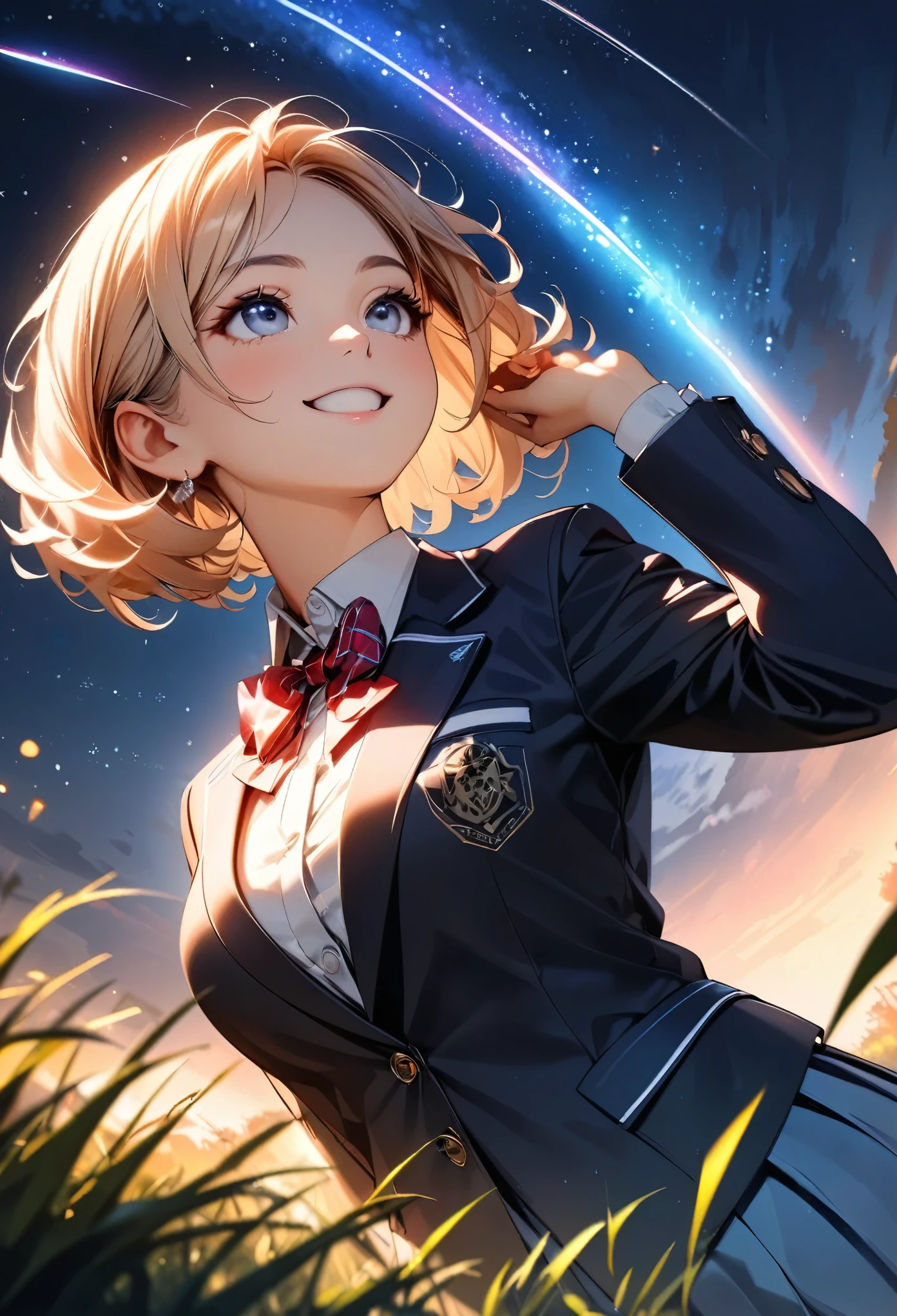 (highest quality:1.2, Very detailed, Latest, Vibrant, Ultra-high resolution, High Contrast, masterpiece:1.2, highest quality, Best aesthetics), (((1 girl))), Beautiful school girl, blazer, smile, Random Action, Looking up pose, Dutch Angle, Face Up Shot, On the grass, (Starry sky background, shooting star, light dances, Late Night), Realistic eyes, Long eyelashes, Focus on face details, A rich expression