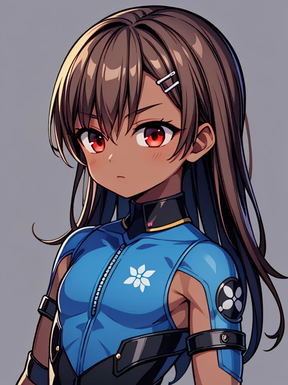 Dead or Alive Kasumi, Masterpiece High res, high definition, (((dark skin tone))),dark skin male, dark skin, cute shota,red eyes, blue hairpin, brown hair, long dark brown hair, wearing a black exoskeleton,blue bodysuit,black ninja male version suit, blue design, white symbol 