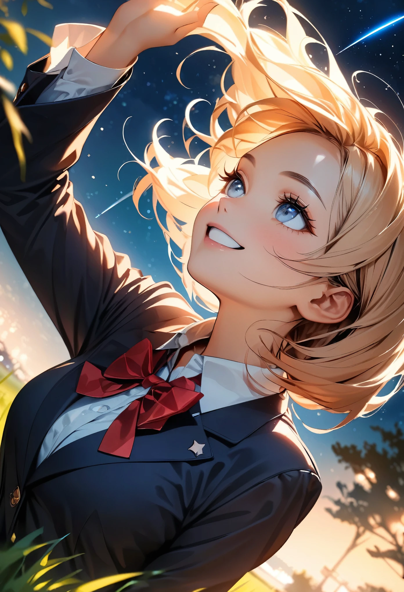(highest quality:1.2, Very detailed, Latest, Vibrant, Ultra-high resolution, High Contrast, masterpiece:1.2, highest quality, Best aesthetics), (((1 girl))), Beautiful school girl, blazer, smile, Random Action, Looking up pose, Dutch Angle, Face Up Shot, On the grass, (Starry sky background, shooting star, light dances, Late Night), Realistic eyes, Long eyelashes, Focus on face details, A rich expression
