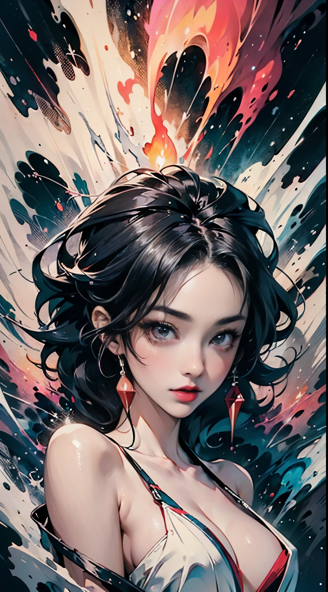 masterpiece, best quality, ultra high res, beautiful, elegant, graceful, award-winning art, 1girl , portrait, half-naked, (style of Yuko Shimizu:1.1), (abstract art:1.2), red lips, silent in chaoodel pose in fashion show, style of rebecca guay, black hair, red fire , cloaked in flames, dark theme, visually stunning, gorgeous