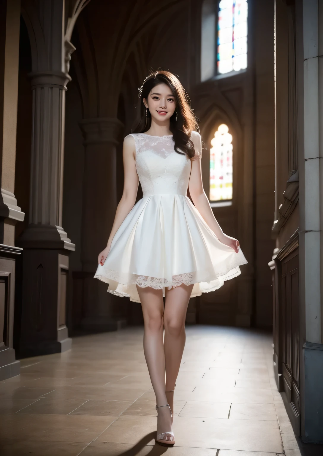 Beautiful 25 year old  woman。She is wearing a summer wedding dress. She is walking and her legs crossed and one leg is visible. She is shying and smiling on illuminated by the evening church lights . her black hair. High resolution、masterpiece、highest quality、頭w:1.0、((Hasselblad Photos))、fine skin、(movie lighting)、clavicle . full body picture.