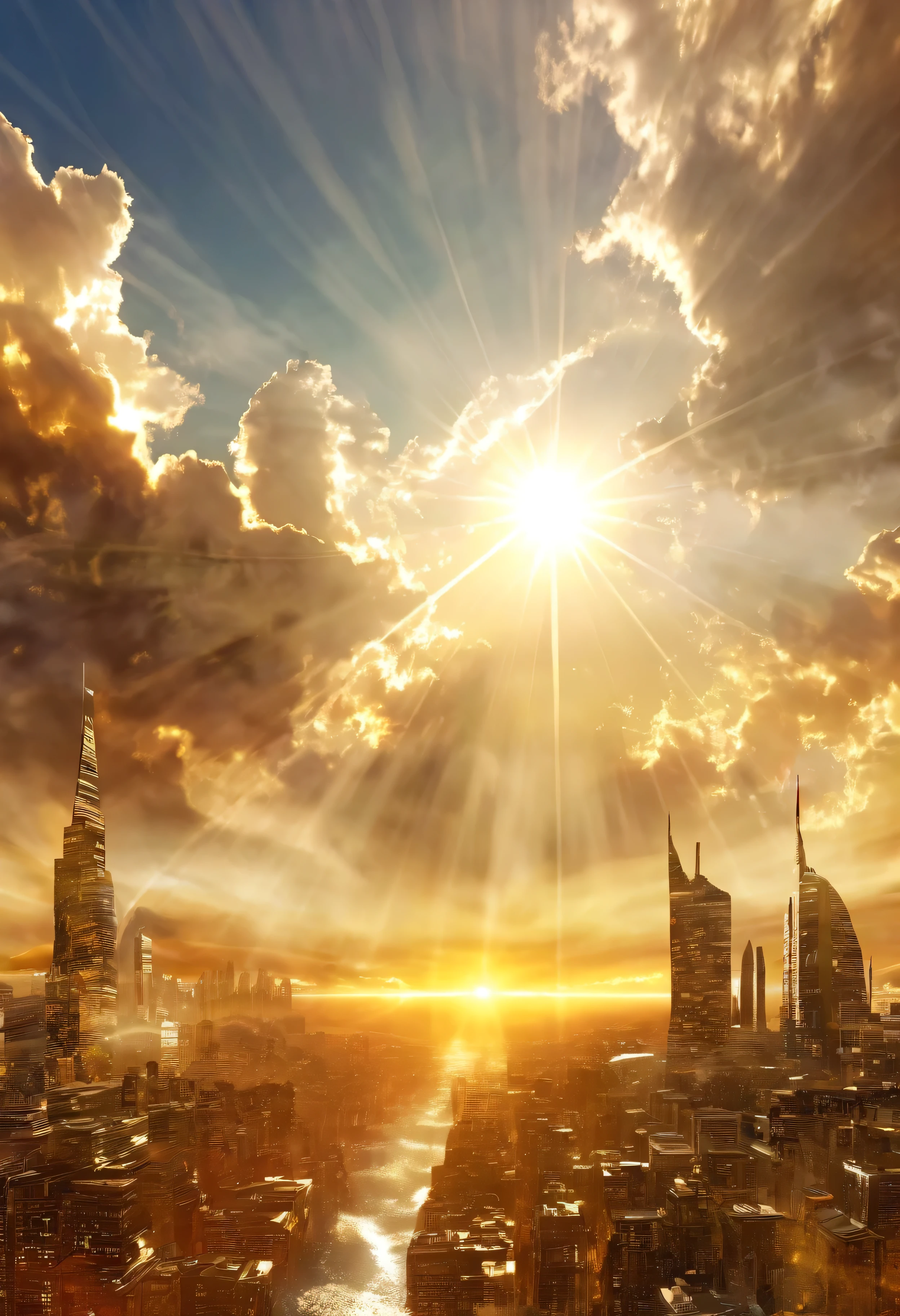 Surreal digital art depicting a mystical cityscape rising into the sky, The clouds clear and the shining sun appears, On Ascension Day，Golden Sun