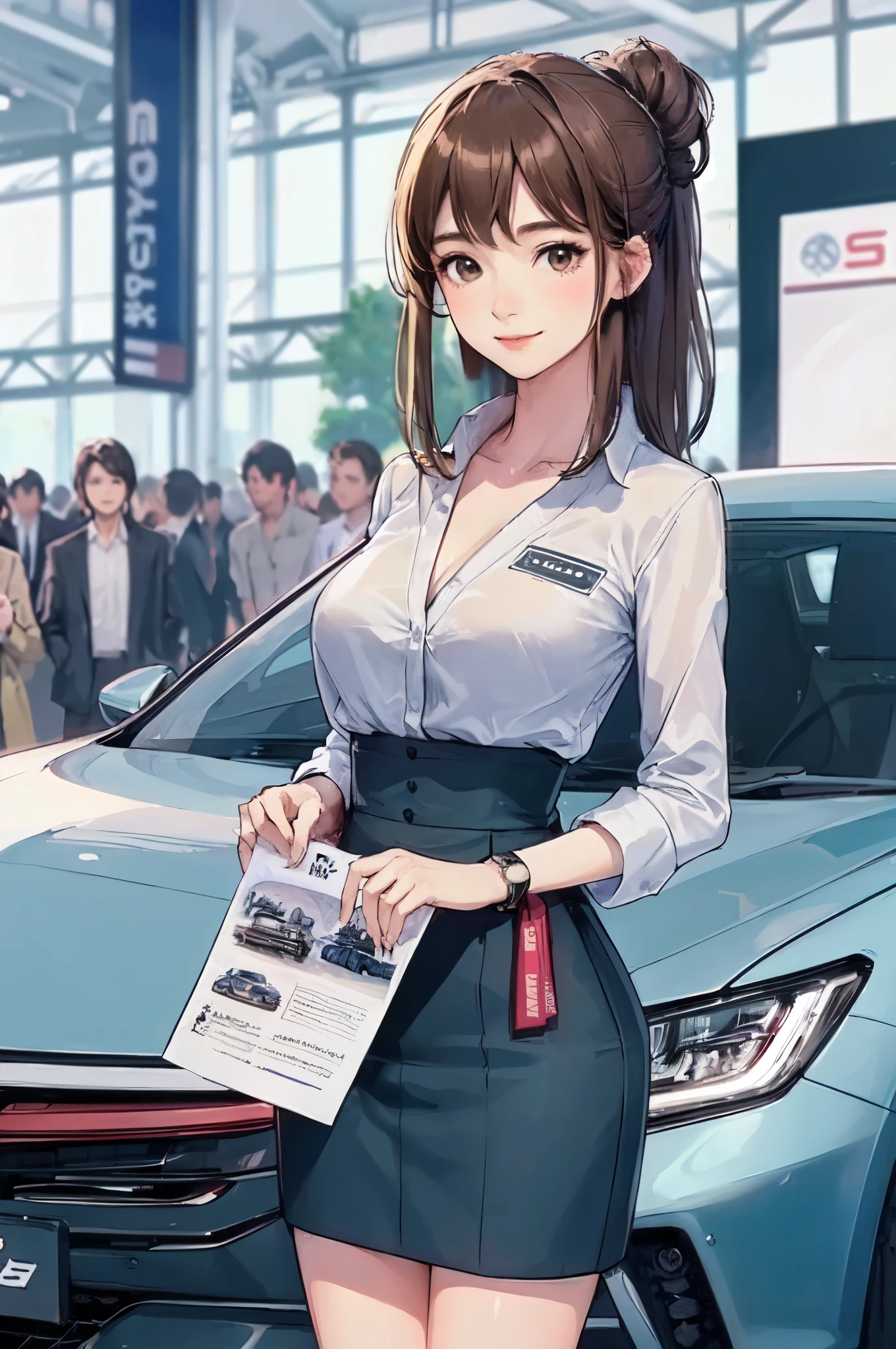 1lady solo standing, event staff (simple and chic costume), mature female, /(brown hair/) bangs, blush kind smile, (masterpiece best quality:1.2) delicate illustration ultra-detailed, large breasts BREAK (standing next to the latest model car), (holding pamphlet) BREAK (motor show indoors), audience, detailed background