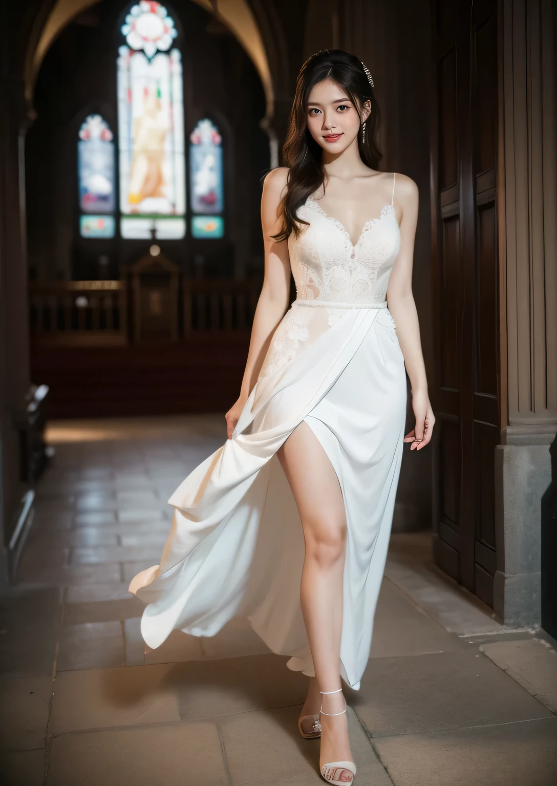 Beautiful 25 year old woman。She is wearing a summer wedding dress. She is walking and her legs crossed and one leg is visible. She is shying and smiling on illuminated by the evening church lights . her black hair. High resolution、masterpiece、highest quality、頭w:1.0、((Hasselblad Photos))、fine skin、(movie lighting)、clavicle . full body picture.