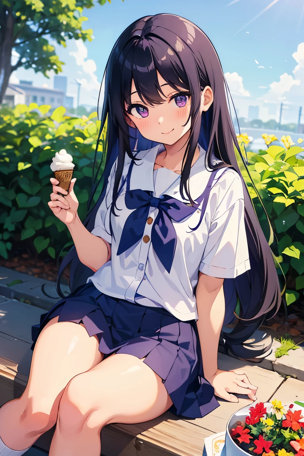 garden Elementary school girl, Flat chest, black hair, long hair, purple eyes smile White short-sleeved blouse Navy blue mini skirt White panties((I can see her panties)) White socks sneakers Holding ice cream in hand gardenを歩いている Dynamic angle Low angle