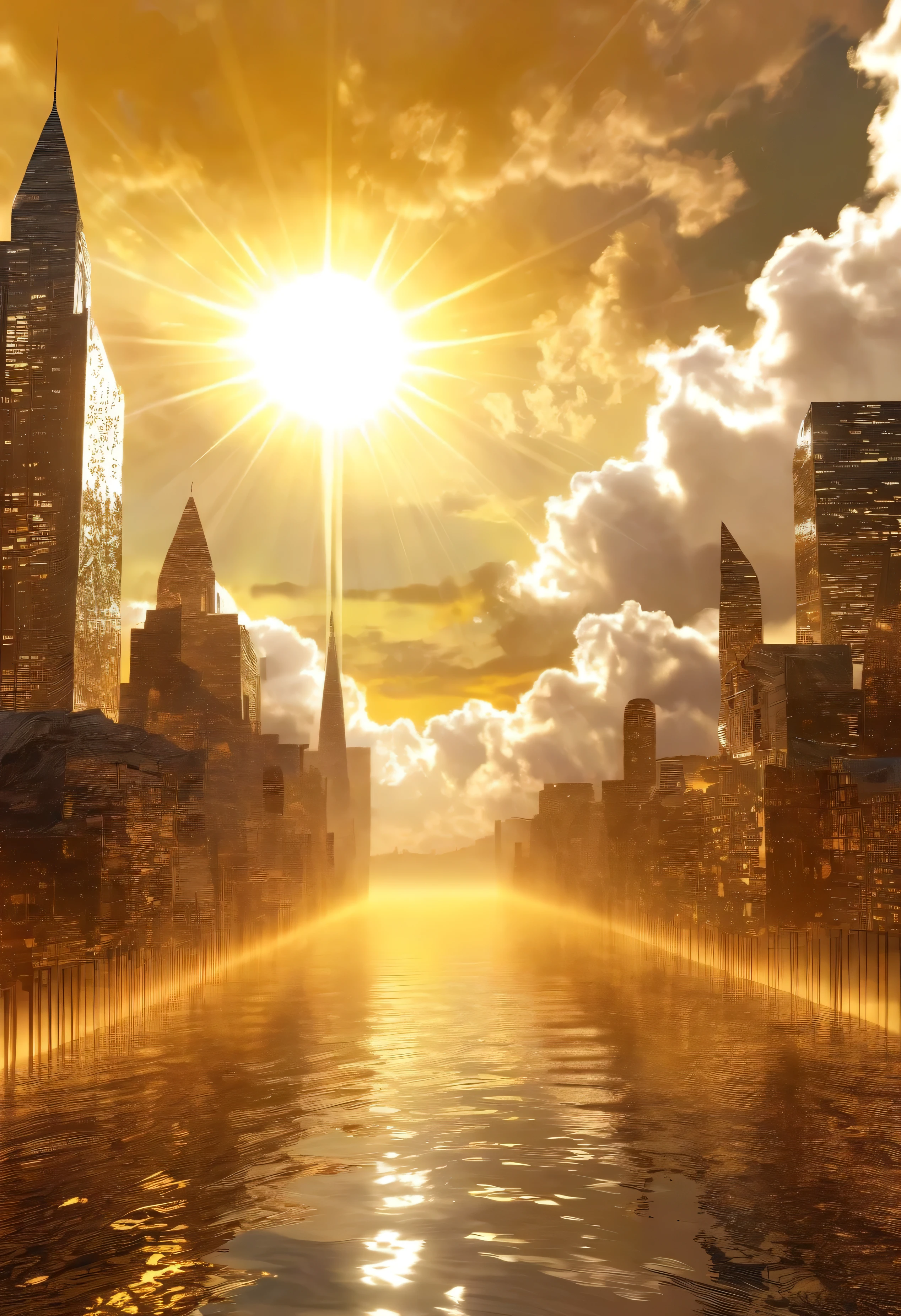 Surreal digital art depicting a mystical cityscape rising into the sky, The clouds clear and the shining sun appears, On Ascension Day,Golden Sun