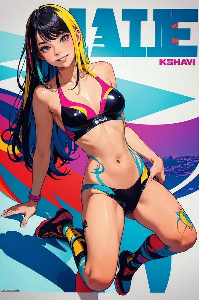 (masterpiece, best quality:1.1),
popart style,flat color,1girl,cute face,17yo,full body paint,colorful,many ink,swim suit,bad smile,beautiful lighting,photographic portrait, sharp,Illustration by okama,