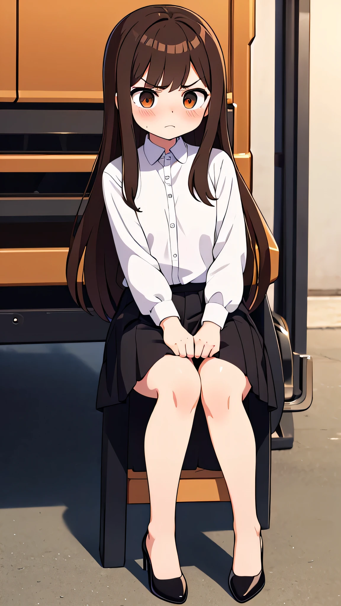 masterpiece、highest quality),Brown Hair,Hime cut,Long Hair,Bangs,girl,In a suit,OL,Woman with an angry face,Blushing,Slender women, A woman wearing plain black pumps,Bare feet and pumps,Open collar,Estrus,Squat down,The truck is stopped