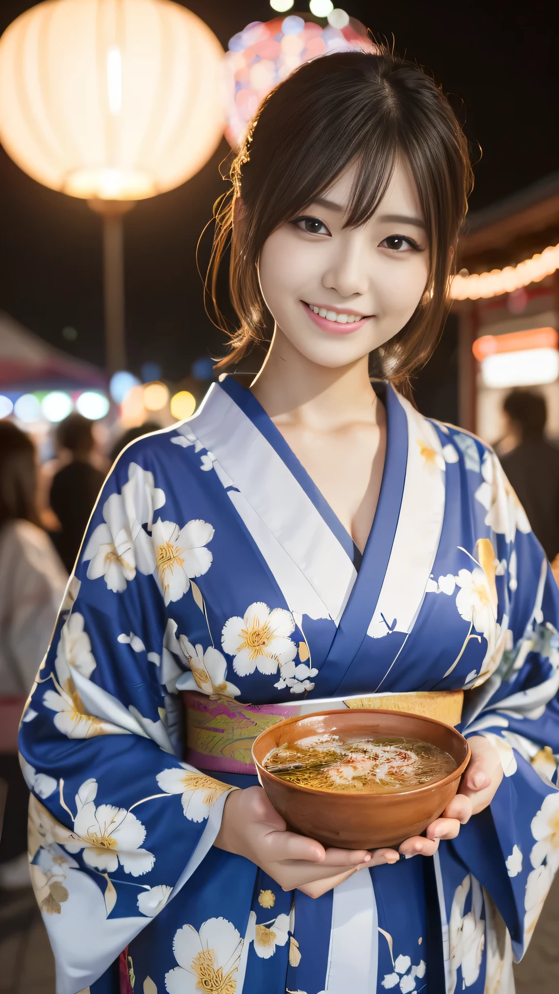 Looking at the camera,(((highest quality, 8k, masterpiece))), Sharp focus, (Beautiful woman with perfect figure), thin, (Hairstyle: superior)), ((kimono)), street: 1.2 Highly detailed face and skin texture Detailed eyes Double eyelid Random pose, (smile),ssuperiorer cute Japan person,ssuperiorer beauty Japanese girl, Realistic Face, double eyelid,smile,Summer festival , At sunset , Beautiful Teeth , Fireworks Background.