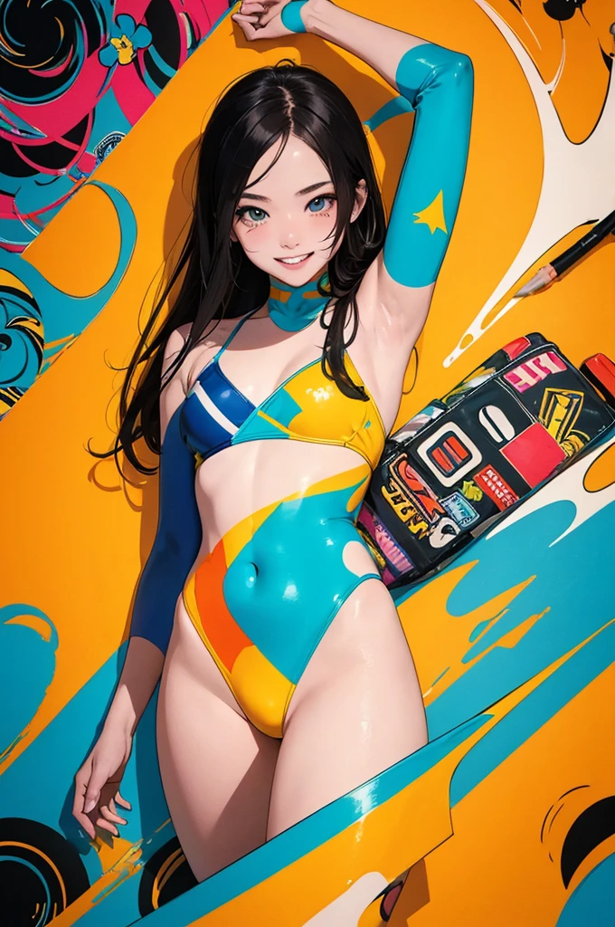 (masterpiece, best quality:1.1),
popart style,flat color,1girl,cute face,yo,fullbody paint,colorful,many ink,swim suit,bad smile,beautiful lighting,photographic portrait, sharp,Illustration by okama,