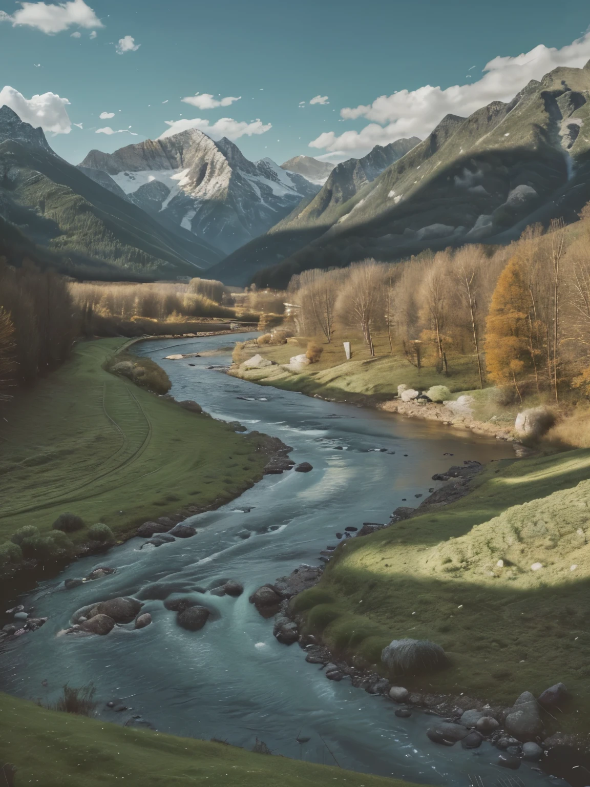 Create a landscape in 4K quality, mountains, River, green grass