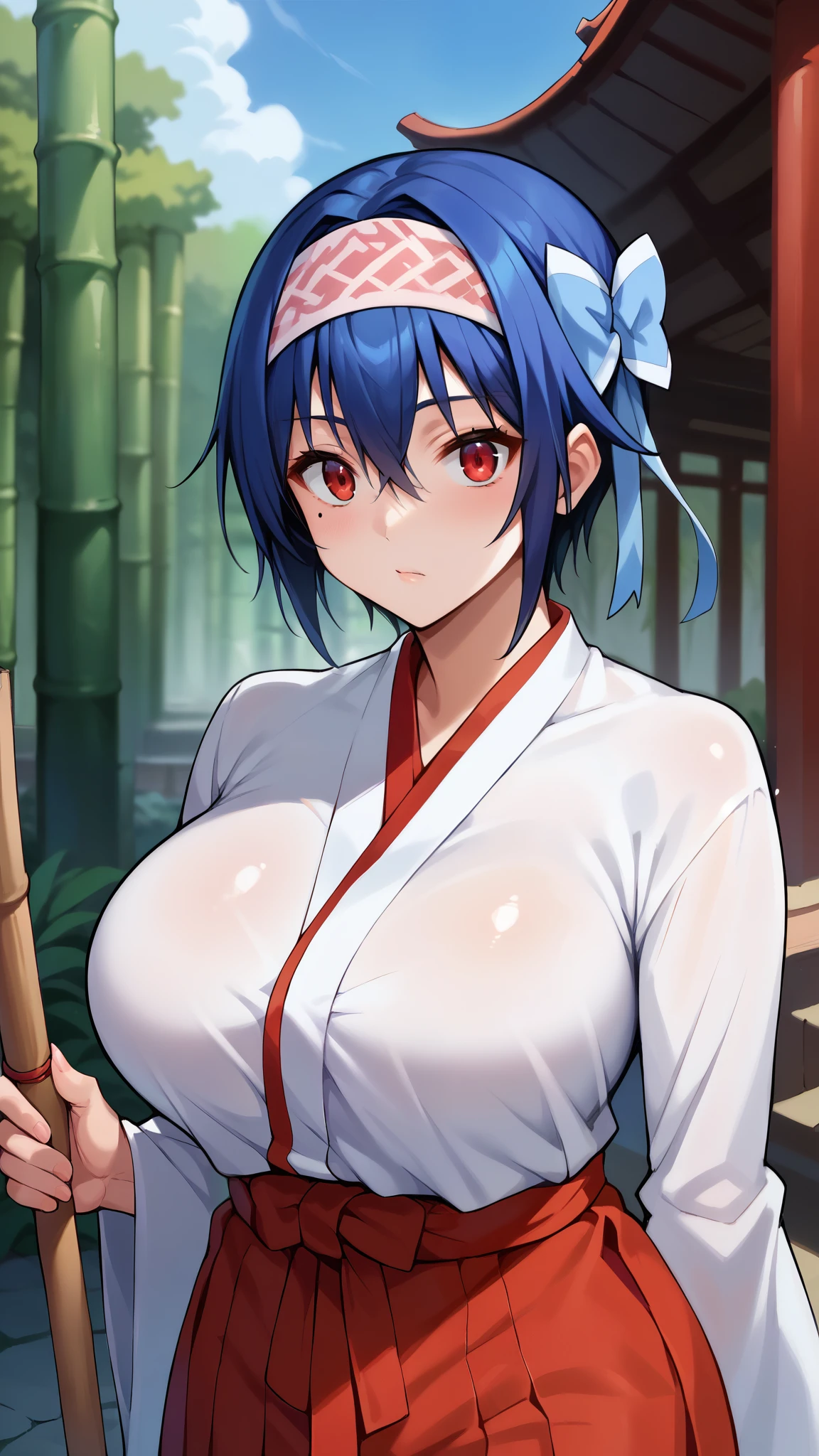 score_9, score_8_wonderful, score_7_wonderful, score_6_wonderful, sauce_anime, 1 girl, solo BREAK tsugumi seishirou, Mole under the eye, Blue Hair, short hair,(Raise your bangs up), Hair Ribbon,(Headband),(Big Breasts),Miko costume,Red Hakama,shrine,Bamboo broom,