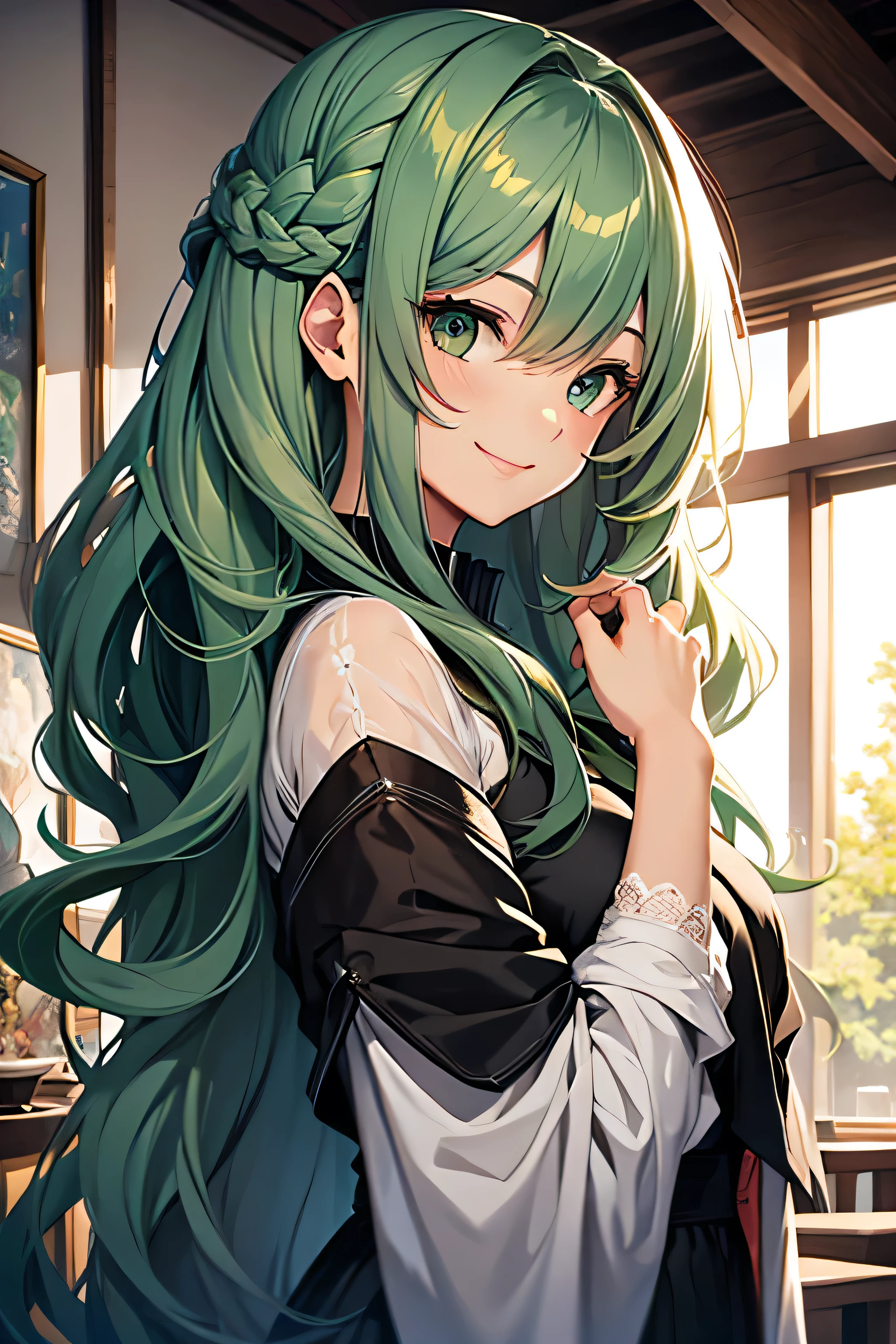 Beautiful girl　Long Green Hair　Wavy Hairstyle　smile　Modest　Delicate painting