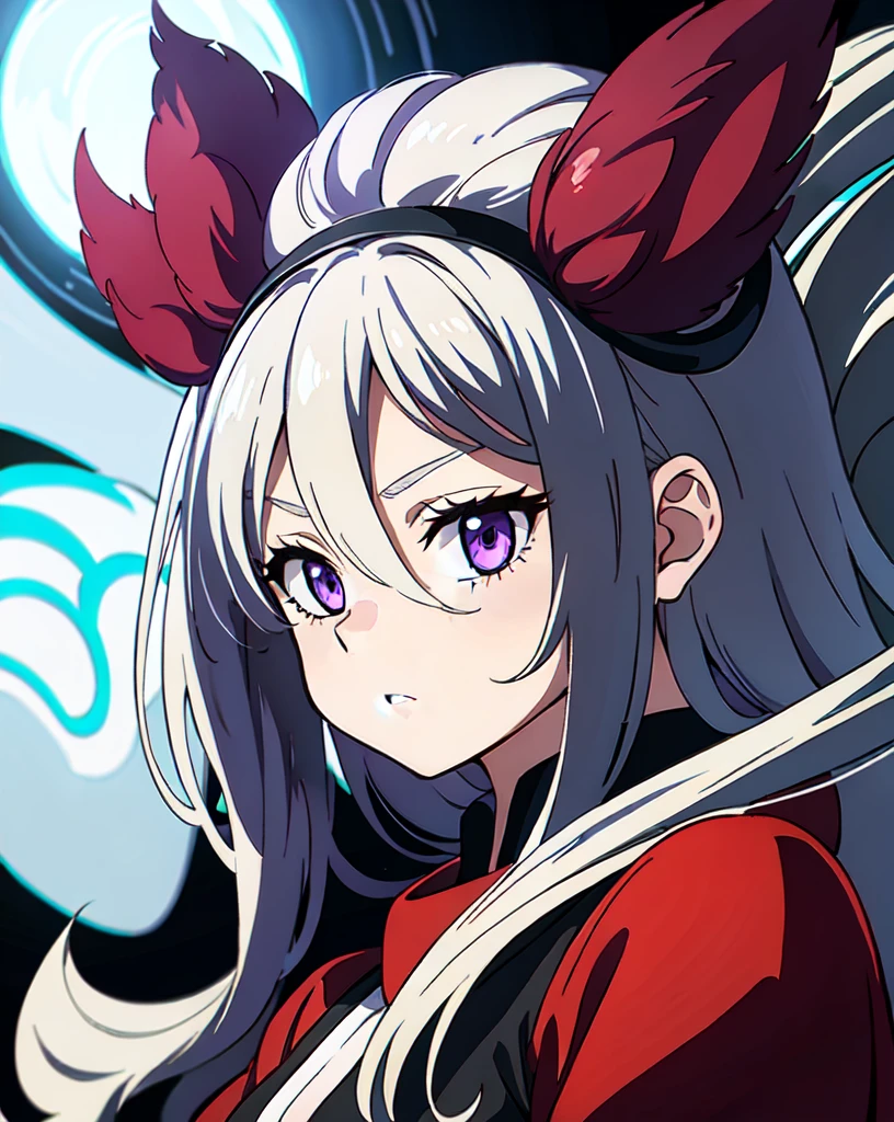 lady, 18 years old, hero, long white hair, bangs of hair between the eyes, a single black lock of hair, purple eyes, mature face, small eyes, strong body, Horikoshi Kohei style, my hero academy, manga, black and white, white background, high quality, masterpiece