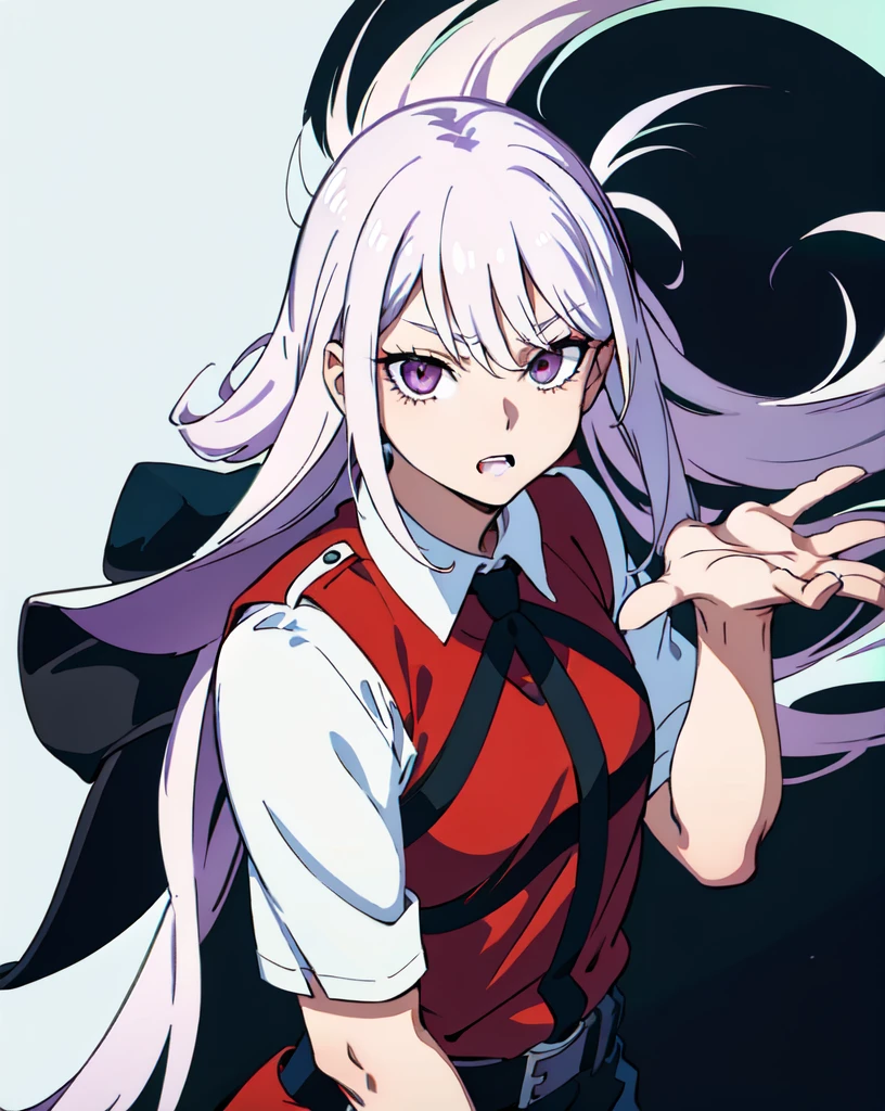 lady, 18 years old, hero, long white hair, bangs of hair between the eyes, a single black lock of hair, purple eyes, mature face, small eyes, strong body, Horikoshi Kohei style, my hero academy, manga, black and white, white background, high quality, masterpiece