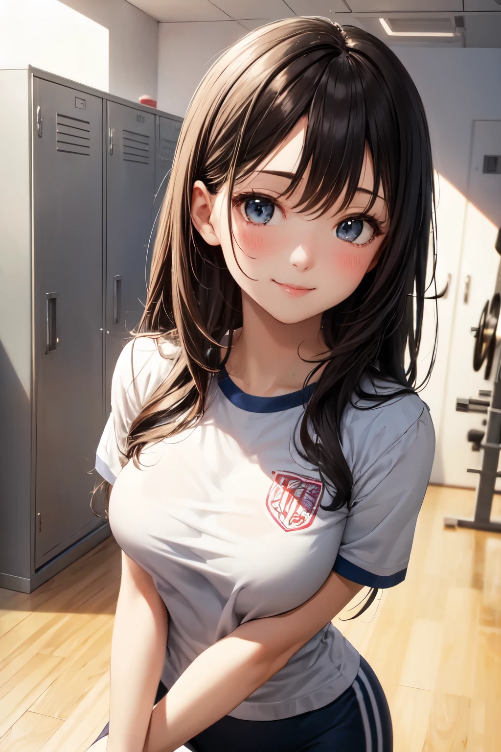 very cute and beautiful girl,(highly detailed beautiful face and eyes),(smile),blush,looking at viewer, navyblue buruma,white training shirt,short sleeve, glamour and elegant pose,locker room in training gym,black hair, (best quality,masterpiece),absurdres,highres,ultra-detailed,extremely detailed,32k,8k resolution, intricate details,cinematic scene,detailed background,solo,dynamic angle,realistic,