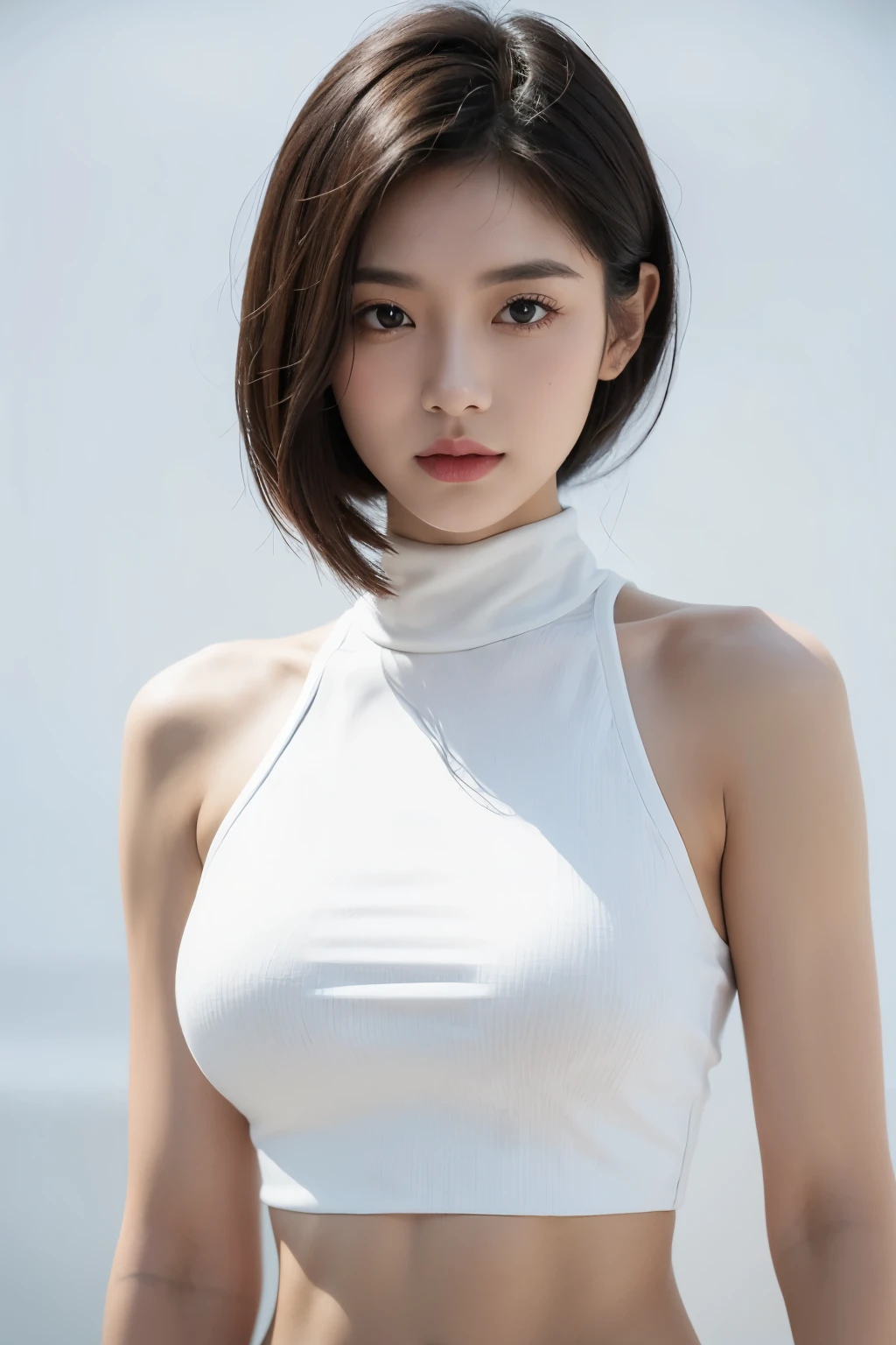 A woman in a white top and black pants posing for a picture - SeaArt AI