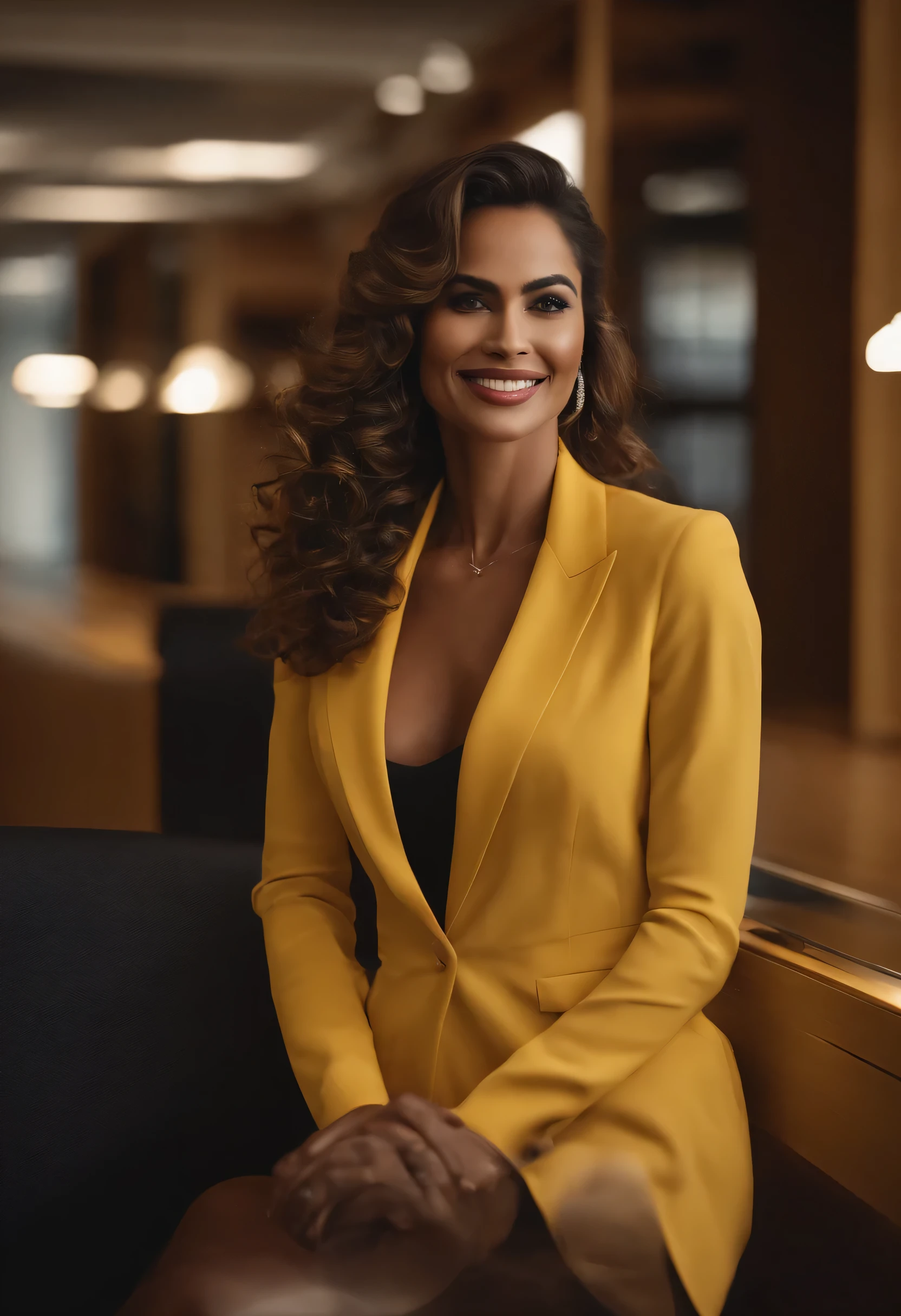 O protagonista masculino conversa com uma mulher de cabelos longos pretos com roupas profissionais, The woman smiles and the photo is beautiful, in five luxury offices