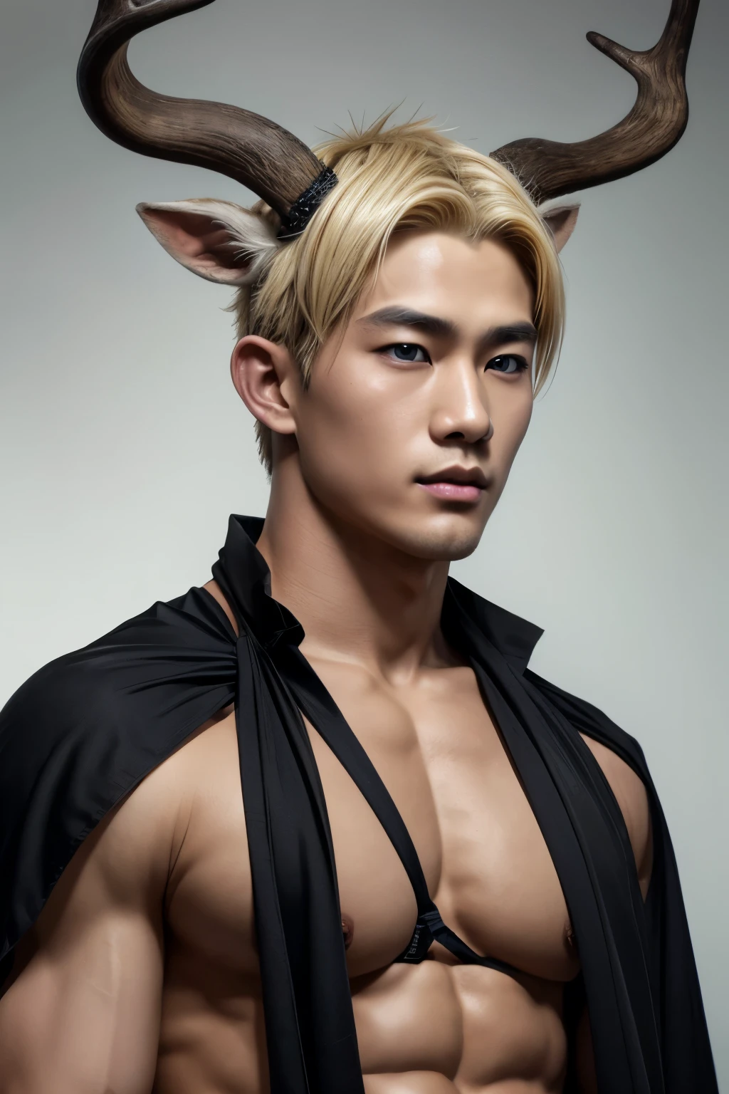 Asian man,  thin nose, thin lips, blue eyes, blonde hair, deer horn on his head, jock putfit, young handsome face, best quality,masterpiece,Ultra high detail,A handsome muscular man, deer horn on his head, topless, black micro thong, with black cloth, black transparent cloth on his deer horn, realistic,Grey background,