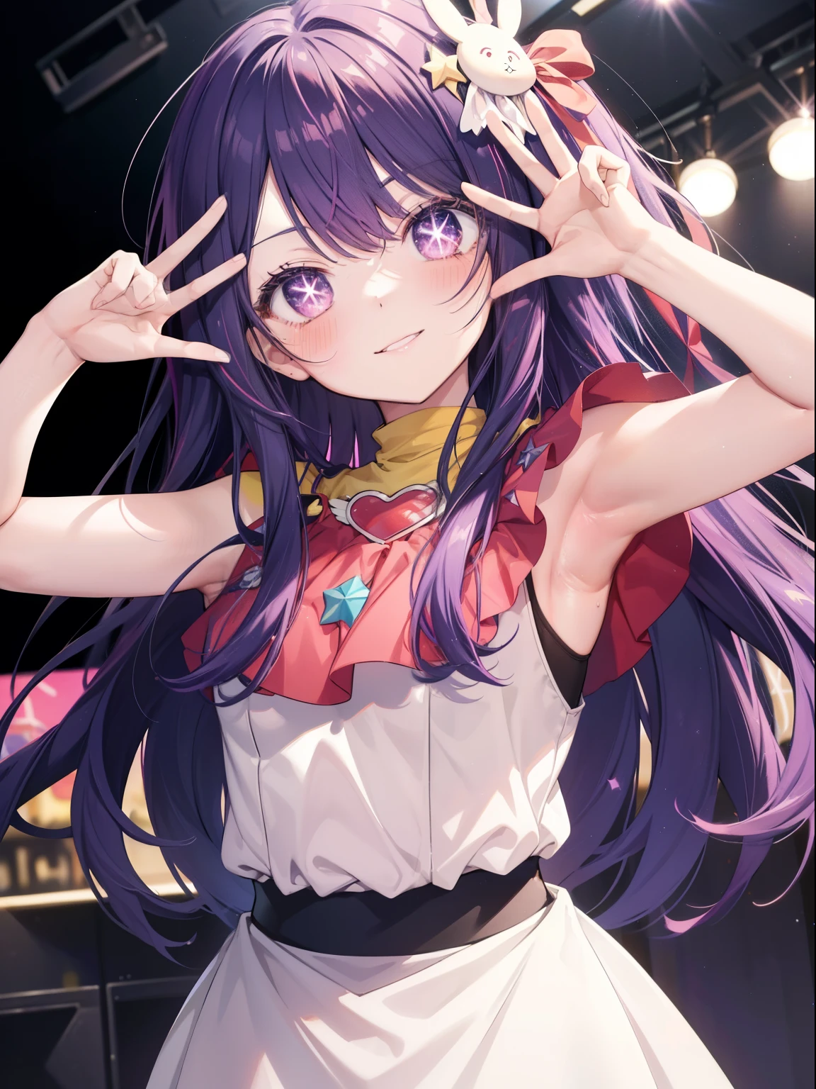 Hoshino Ai、Good looking girl (Long purple hair with square bangs, One-eyed star,blush, Perfect Face), independent , Looking at the camera, masterpiece, Anime art style, Cute Characters, Most detailed, high quality、Nico Nico Smile、Show me your armpits、Long Hair、Wear cute clothes、Live Play、Idol Costumes