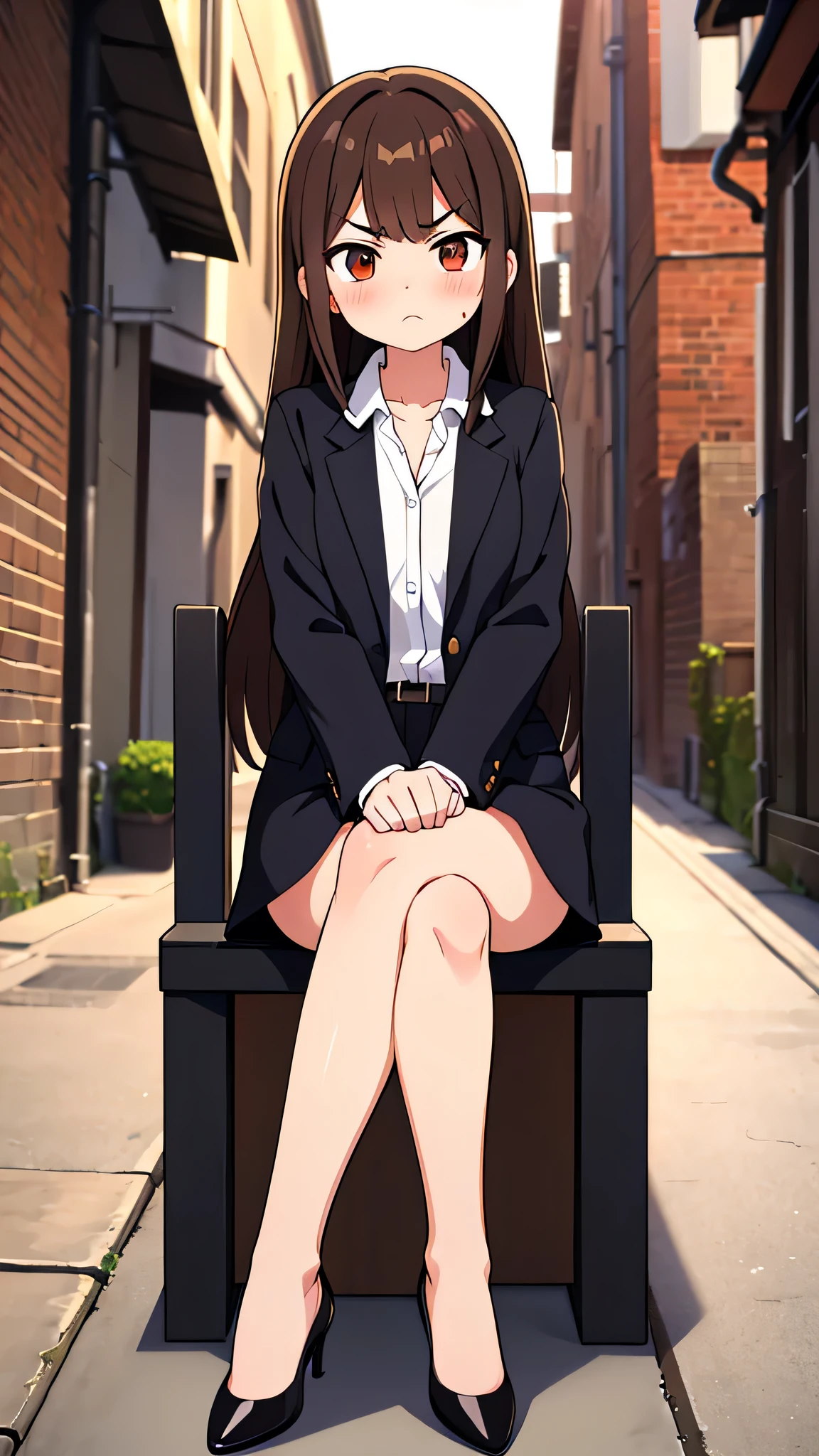 masterpiece、highest quality),Brown Hair,Hime cut,Long Hair,Bangs,girl,Back Alley,In a suit,OL,Woman with an angry face,Blushing,Slender women, A woman wearing plain black pumps,Bare feet and pumps,Open collar,Estrus,Sitting with legs crossed