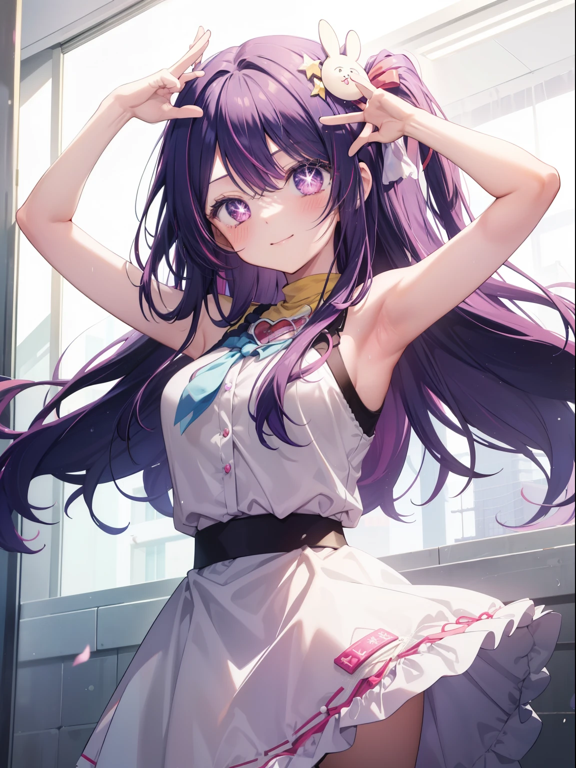 1girll,((There is a five-pointed star in the eye))Gorgeous Hair in Long Purple,Smile,Open mouth,Inches,Unfasten the buttons,nedium breasts,Blushlush,Cat ears,Classroom,classroom desk,all fours,white stockings,((Be red in the face))Tongue stock