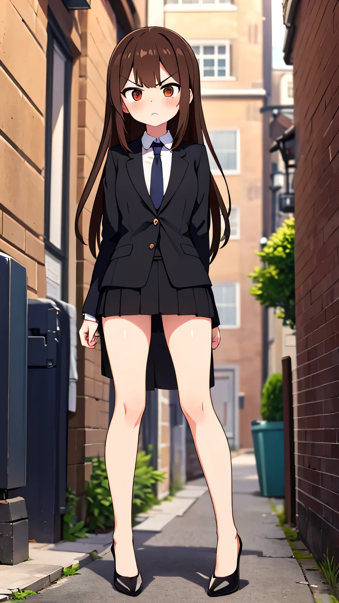 masterpiece、highest quality),Brown Hair,Hime cut,Long Hair,Bangs,girl,Back Alley,In a suit,OL,Woman with an angry face,Blushing,Slender women, A woman wearing plain black pumps,Bare feet and pumps,Open collar,Estrus,Stand with your legs together