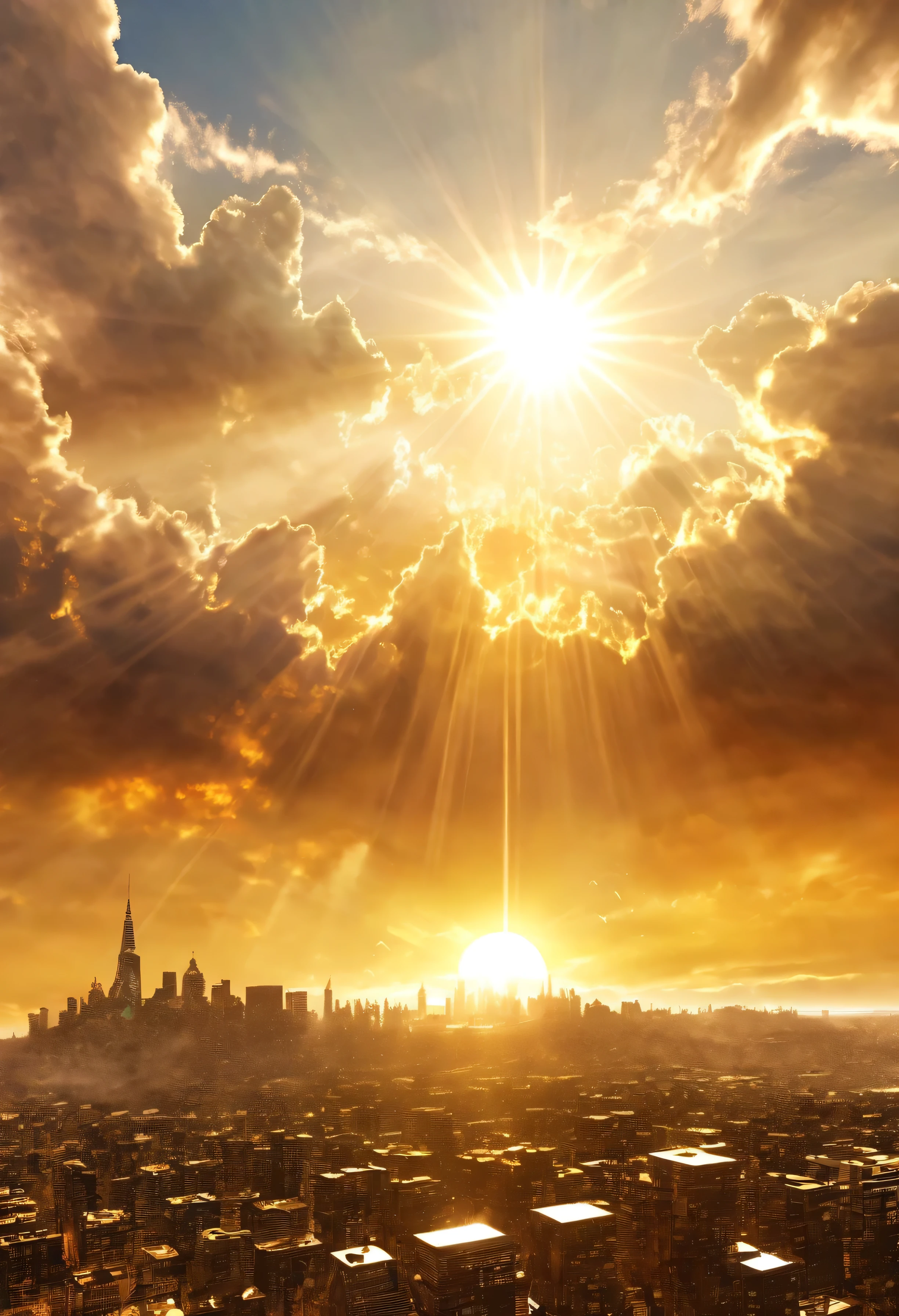 Surreal digital art depicting a mystical cityscape rising into the sky, The clouds clear and the shining sun appears, On Ascension Day，Golden Sun