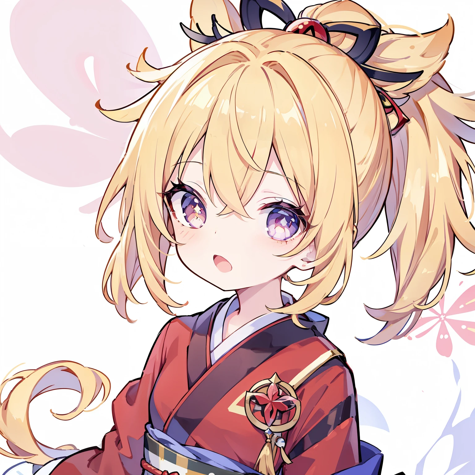 Very beautiful and Shining Eyes、Shining Eyes、((1 girl))、Small breasts、Big Mouth、Childish clothes、***************,highest quality, masterpiece, High resolution, alone, {yoimiya_Genshin Impact:1.15},young, blonde_hair, 前hair, hair_ornament, ponytail, 1 female,Red kimono