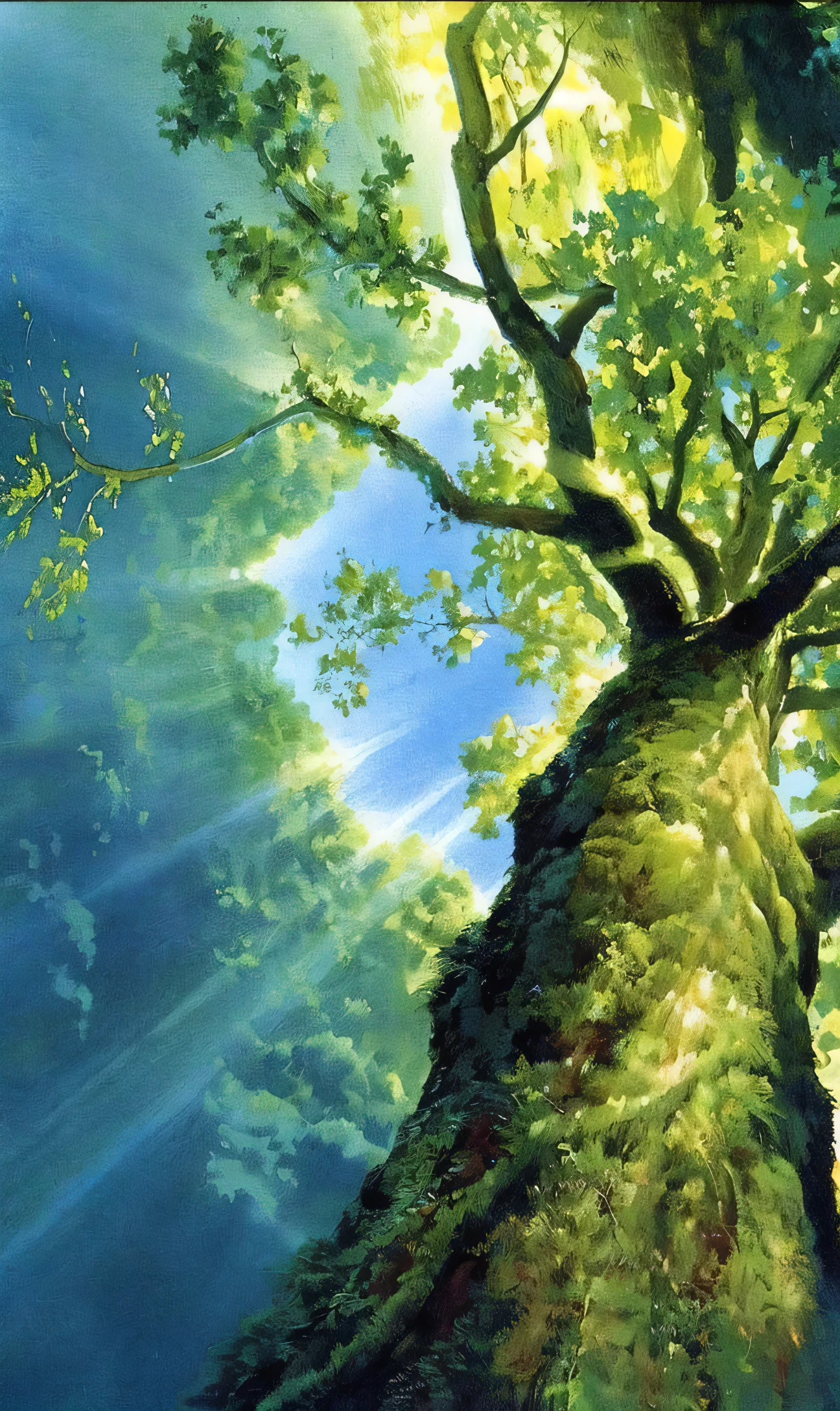 a painting of a tree with sun shining through it, anime nature, anime nature wallpap, nature trees, magical tree, large magical trees, studio ghibli sunlight, god of nature, fantasy tree, magic tree, nature wallpaper, nature painting, breathtaking art, painting by john howe, view from below, enchanted with nature spirit, breath-taking beautiful trees