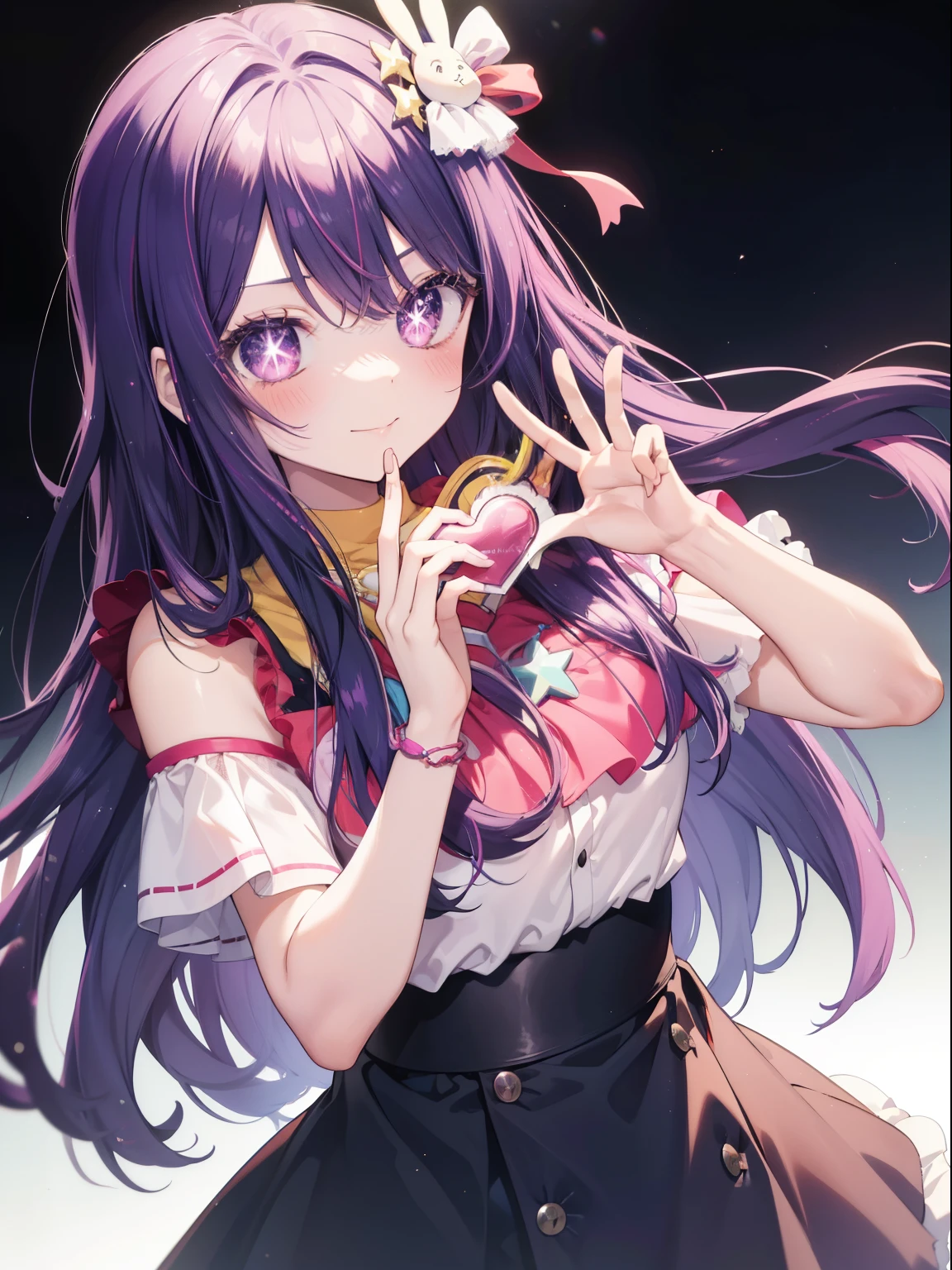 Hoshino Ai、Good looking girl (Long purple hair with square bangs, One-eyed star,blush, Perfect Face), independent , Looking at the camera, masterpiece, Anime art style, Cute Characters, Most detailed, high quality、Nico Nico Smile、Long Hair、Wear cute clothes、Live Play、Idol Costumeaking a heart with hands