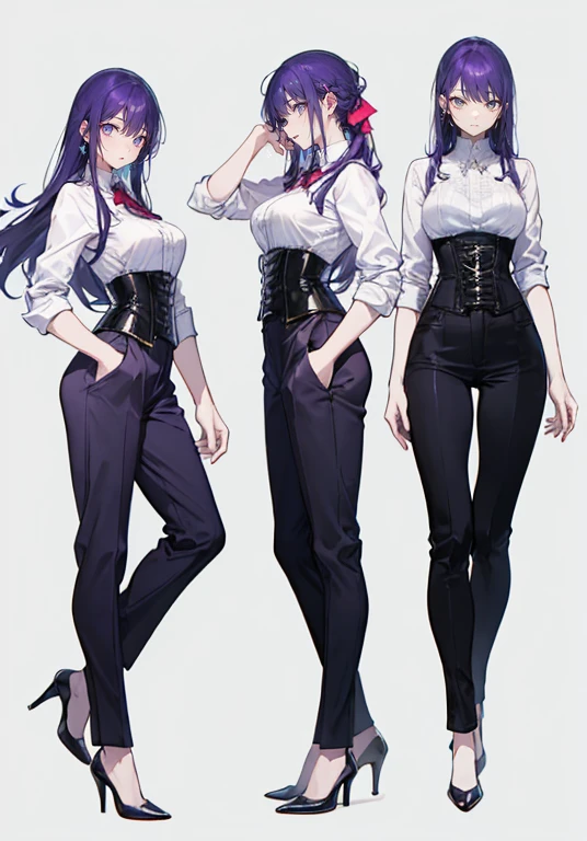 Purple hair,Long hair,Adult female,Bartender,((Rolling up your sleeves shirt)),(Corset),(slacks),High heels,((Simple background)),Smile,((Full body)),((whole body)),Character Sheet,