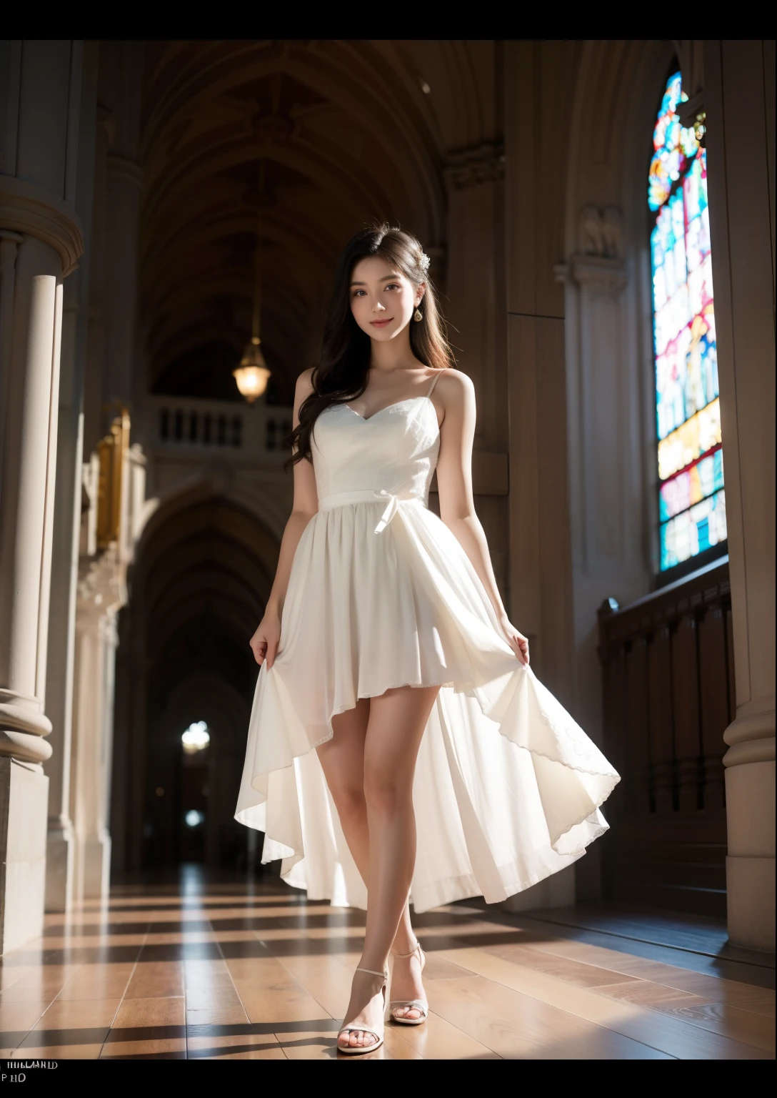 Beautiful 25 year old woman。She is wearing a summer wedding dress. She is walking and her legs crossed and one leg is visible. She is shying and smiling on illuminated by the evening church lights . her black hair. High resolution、masterpiece、highest quality、頭w:1.0、((Hasselblad Photos))、fine skin、(movie lighting)、clavicle . full body picture.