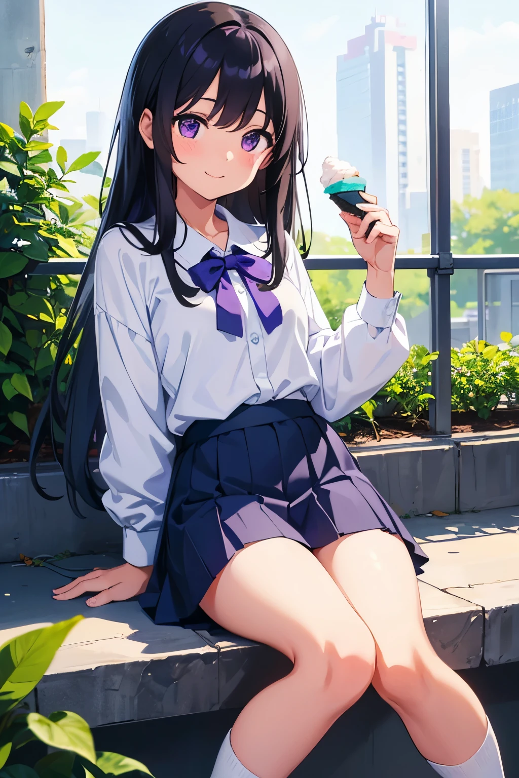 garden Elementary school girl, 8 years old Flat chest, black hair, long hair, purple eyes smile White short-sleeved blouse Navy blue mini skirt White panties((I can see her panties)) White socks sneakers Holding ice cream in hand gardenを歩いている Dynamic angle Low angle