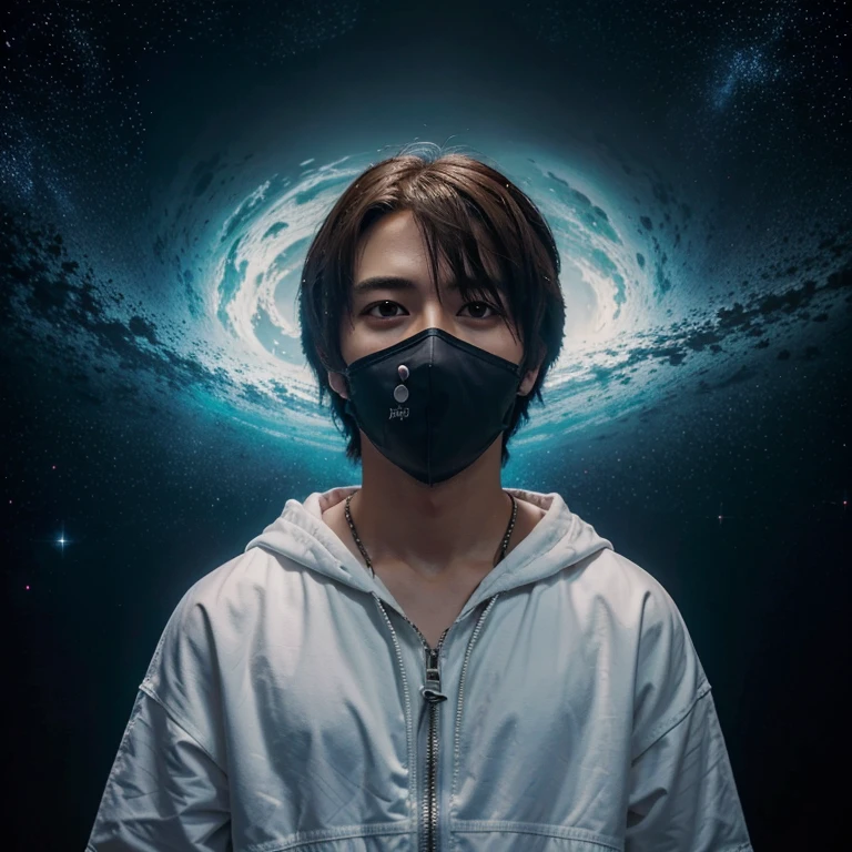 estilo kingdom hearts: 1.25) retrato de um homem jin of bts, man has no face, cabelo liso ondulado, sorri, film style outer space photo background your name, textura 4k, anime modelo