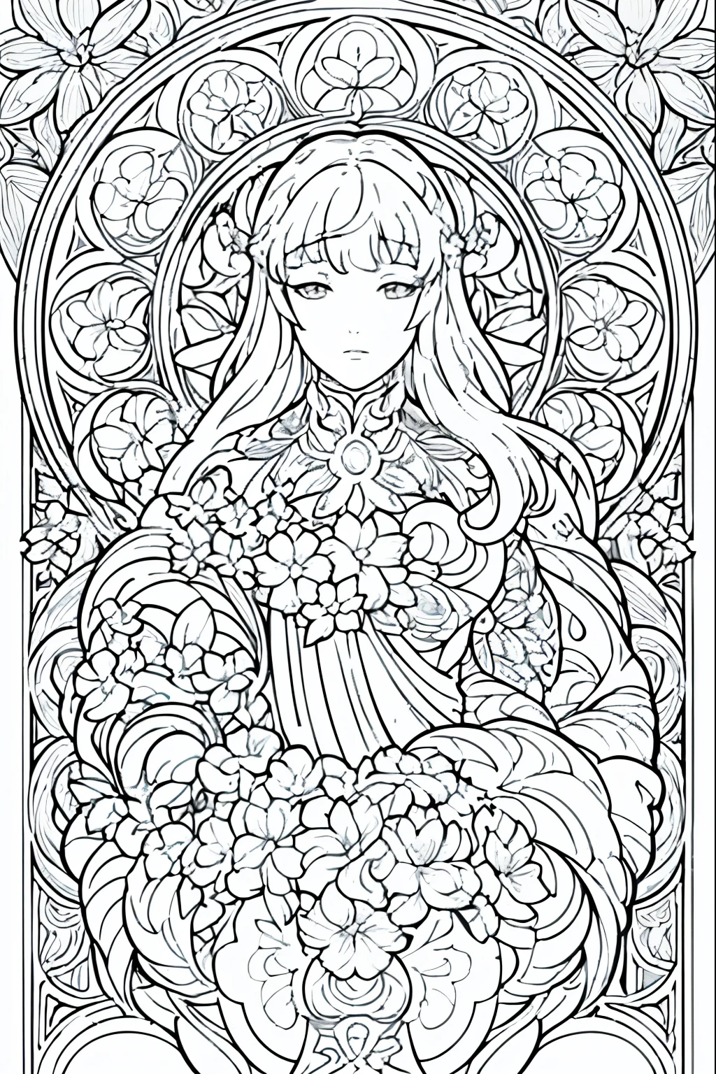 Flower Painting, Floral frame, Decorative panel, Abstract Art of Alphonse Mucha, sketchfab, 色や影のないLine artやシーン. (masterpiece, Better Quality, High resolution: 1.4), be familiar with, Intricate details, 4K, Color Splash, Line art, Fibonacci,