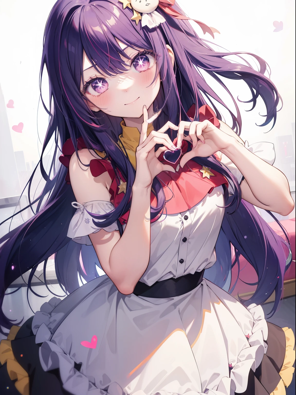 Hoshino Ai、Good looking girl (Long purple hair with square bangs, One-eyed star,blush, Perfect Face), independent , Looking at the camera, masterpiece, Anime art style, Cute Characters, Most detailed, high quality、Nico Nico Smile、Long Hair、Wear cute clothes、Live Play、Idol Costumeaking a heart with hands、Hand Heart